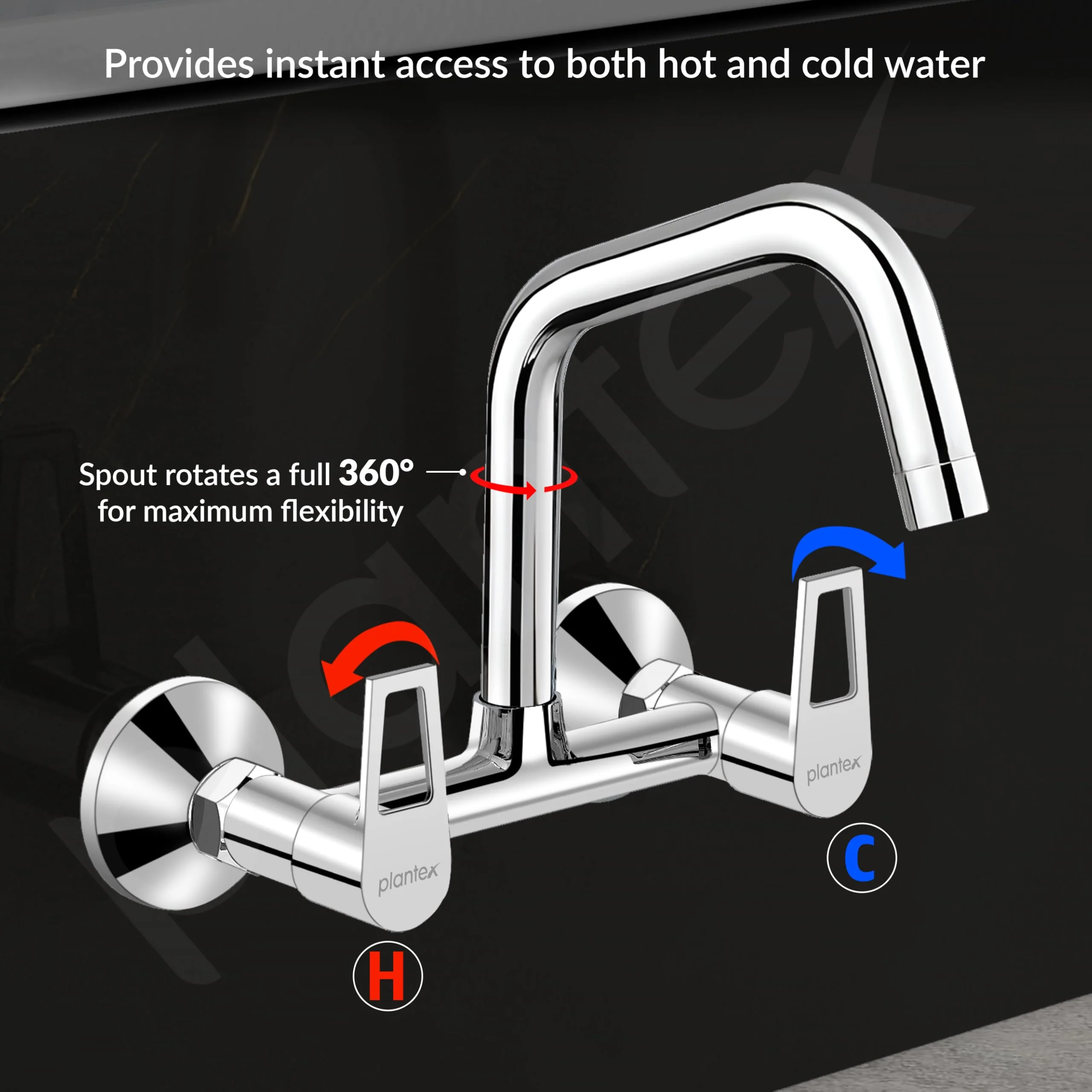 Plantex Pure Brass Wall Mount Sink Mixer Tap/Hot & Cold Kitchen Faucet with 360ยฐ Swivel Spout/Wall Mounted Water Tap - Pack of 1 (Chrome, 3224) - Image 7