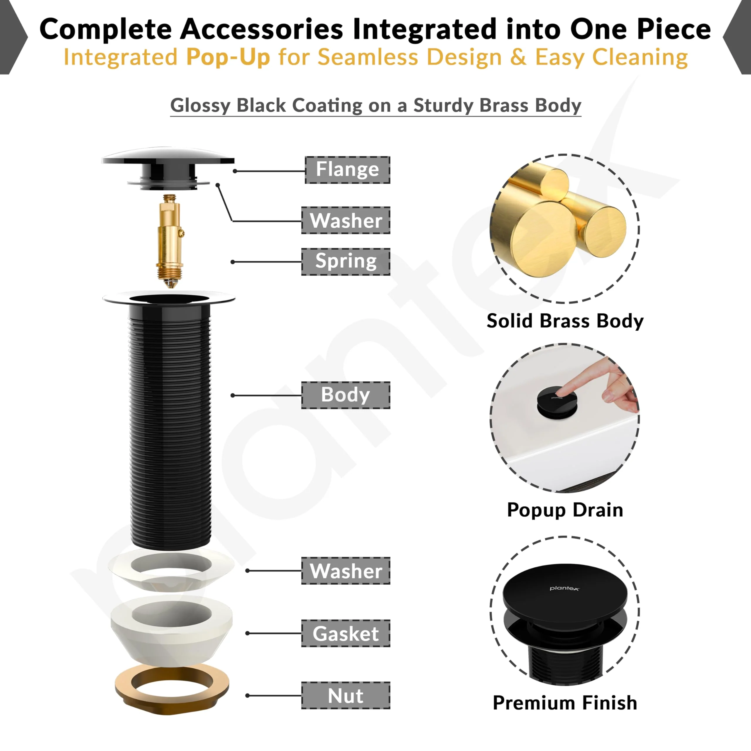 Plantex Pure Brass Waste Coupling for Wash Basin/5 inch Drain Out let System Full Thread Pop up Waste Coupling for Wash Basin (Glossy Black - Pack of 1) - Image 5