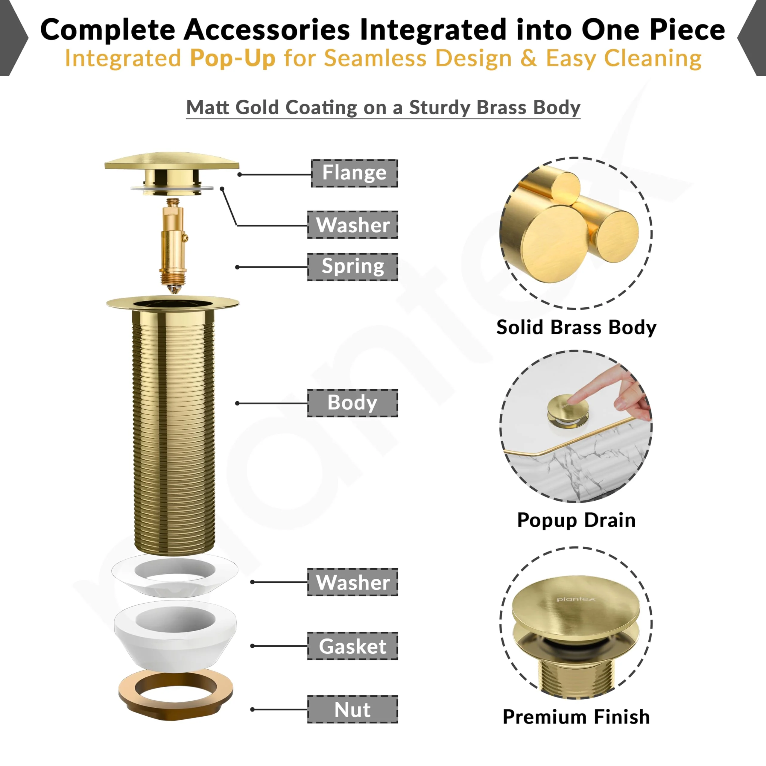 Plantex Pure Brass Waste Coupling for Wash Basin/5 inch Drain Out let System Full Thread Sink Waste Coupling - Pack of 1 (Matt Gold) - Image 5