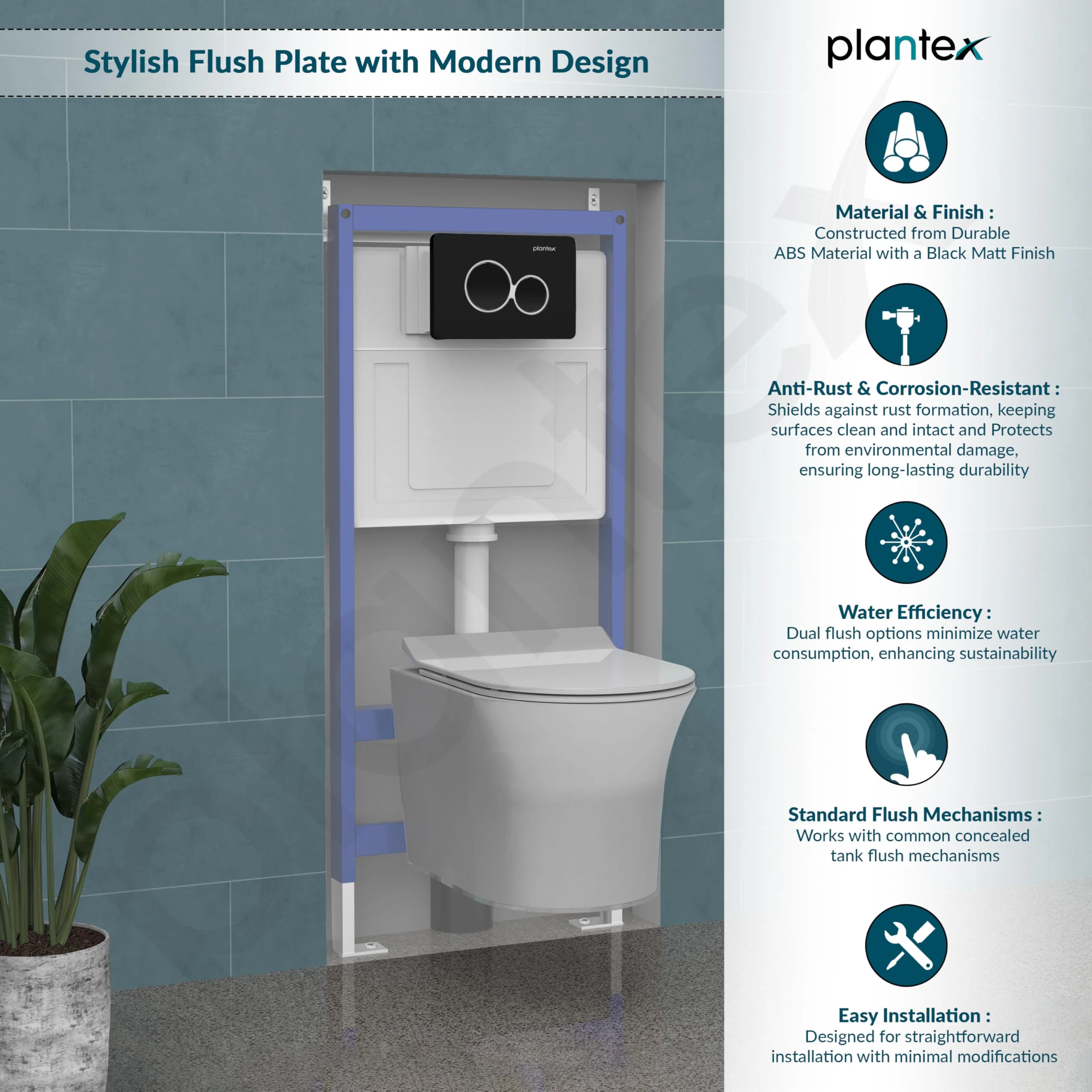 Plantex Flush -Plate/Push Plate for Toilet/Mechanical Dual-Flush Plate/Water Saving Technology - Pack of 1 (4511, Black) - Image 5