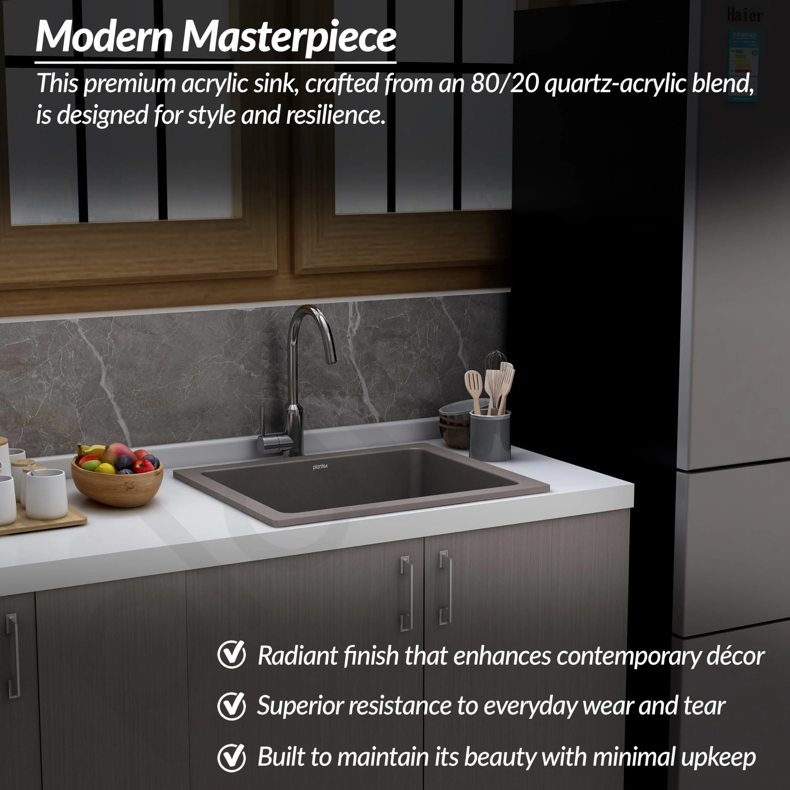Plantex Quartz Acrylic Kitchen Sink/Undermount Sink for Kitchen with 10 Years Warranty by Plantex/Granite Single Bowl Kitchen Sinks with Coupling (Con-24x18 Inches) - Image 2