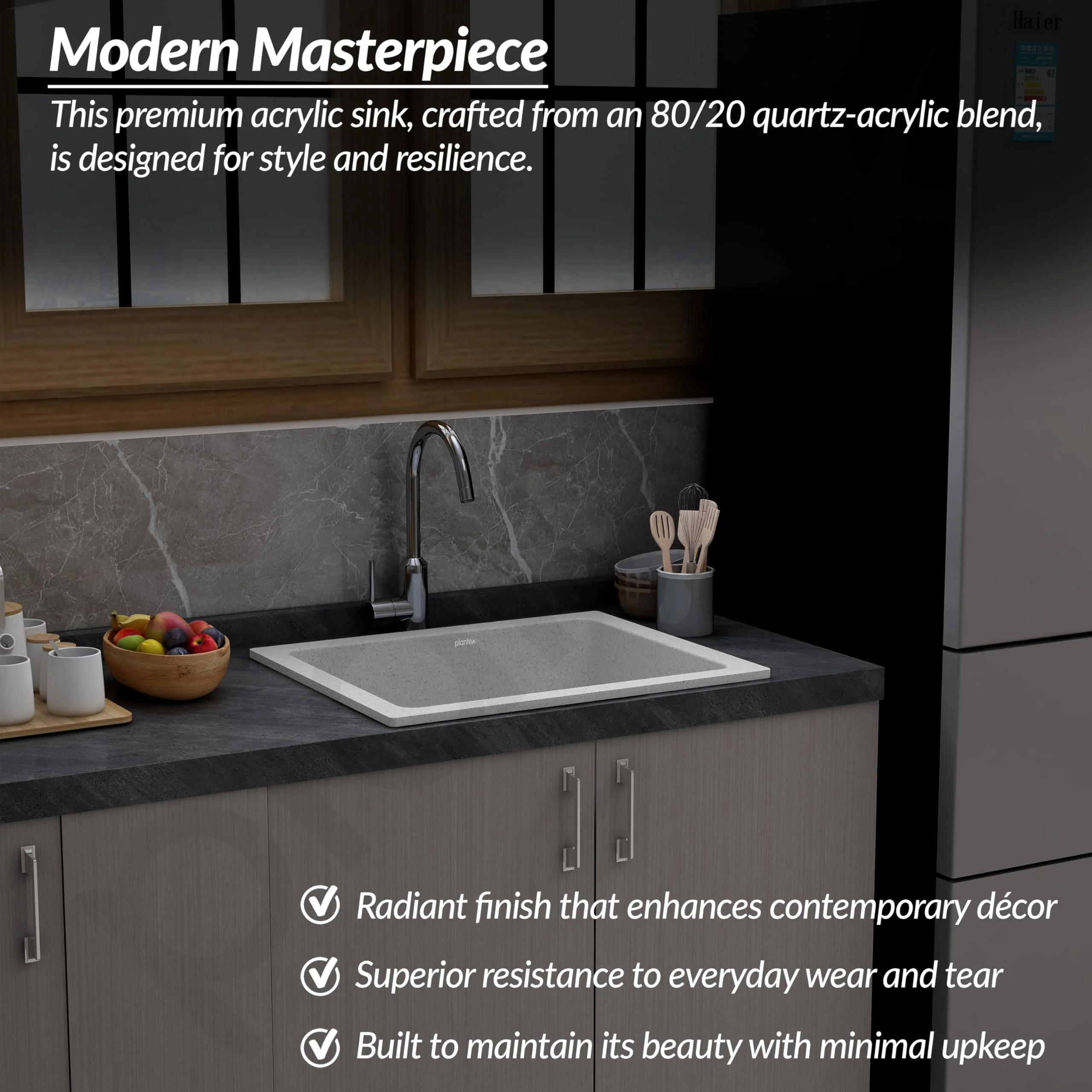 Plantex Quartz Acrylic Kitchen Sink with 10 Years Warranty by Plantex/Undermount Sink for Kitchen/Granite Single Bowl Kitchen Sinks with Coupling (Brun-24x18 Inches) - Image 2