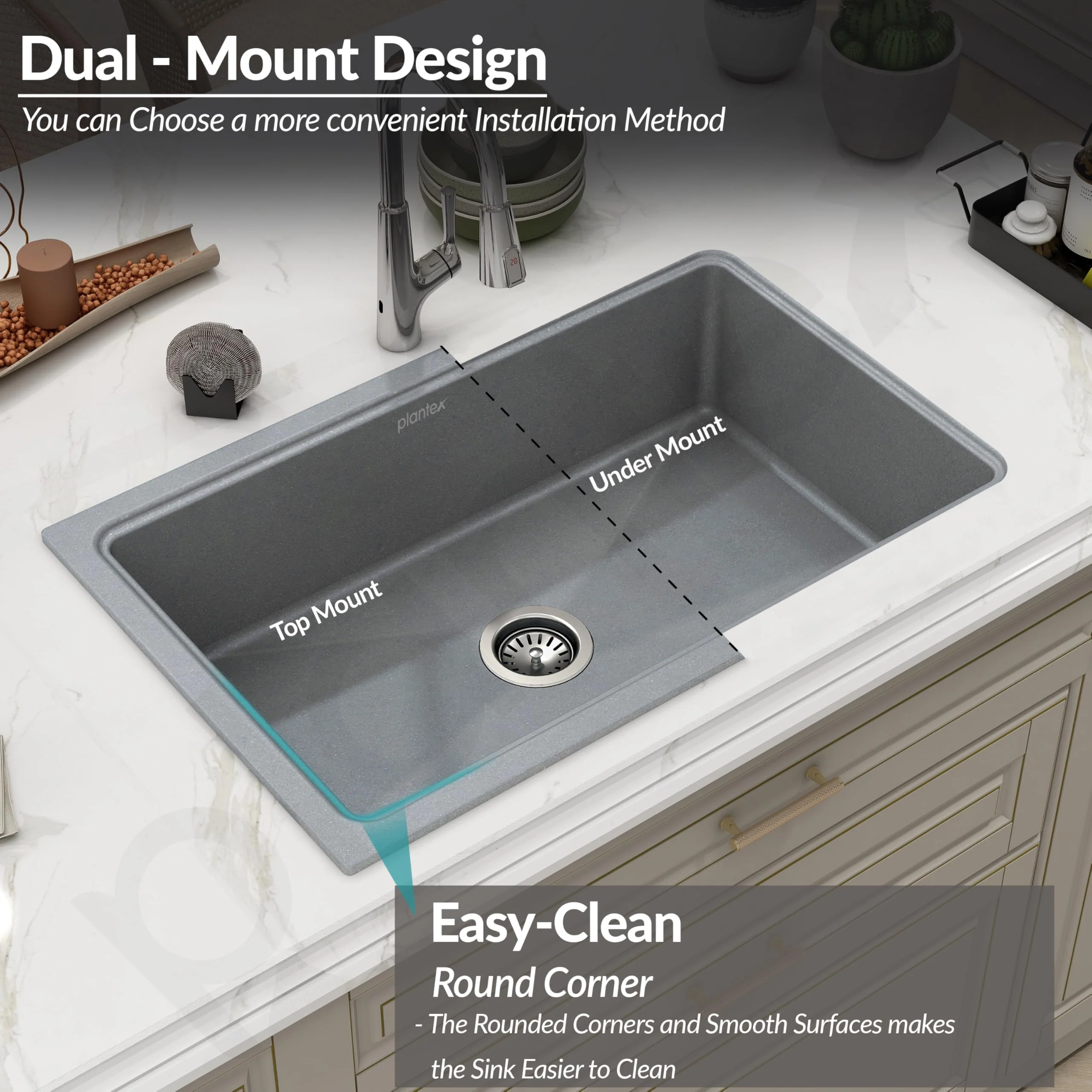 Plantex Quartz Acrylic Kitchen Sink with 10 Years Warranty by Plantex/Undermount Sink for Kitchen/Metalic Single Bowl Kitchen Sinks with Coupling (Lintus 32x20 Inches) - Image 4