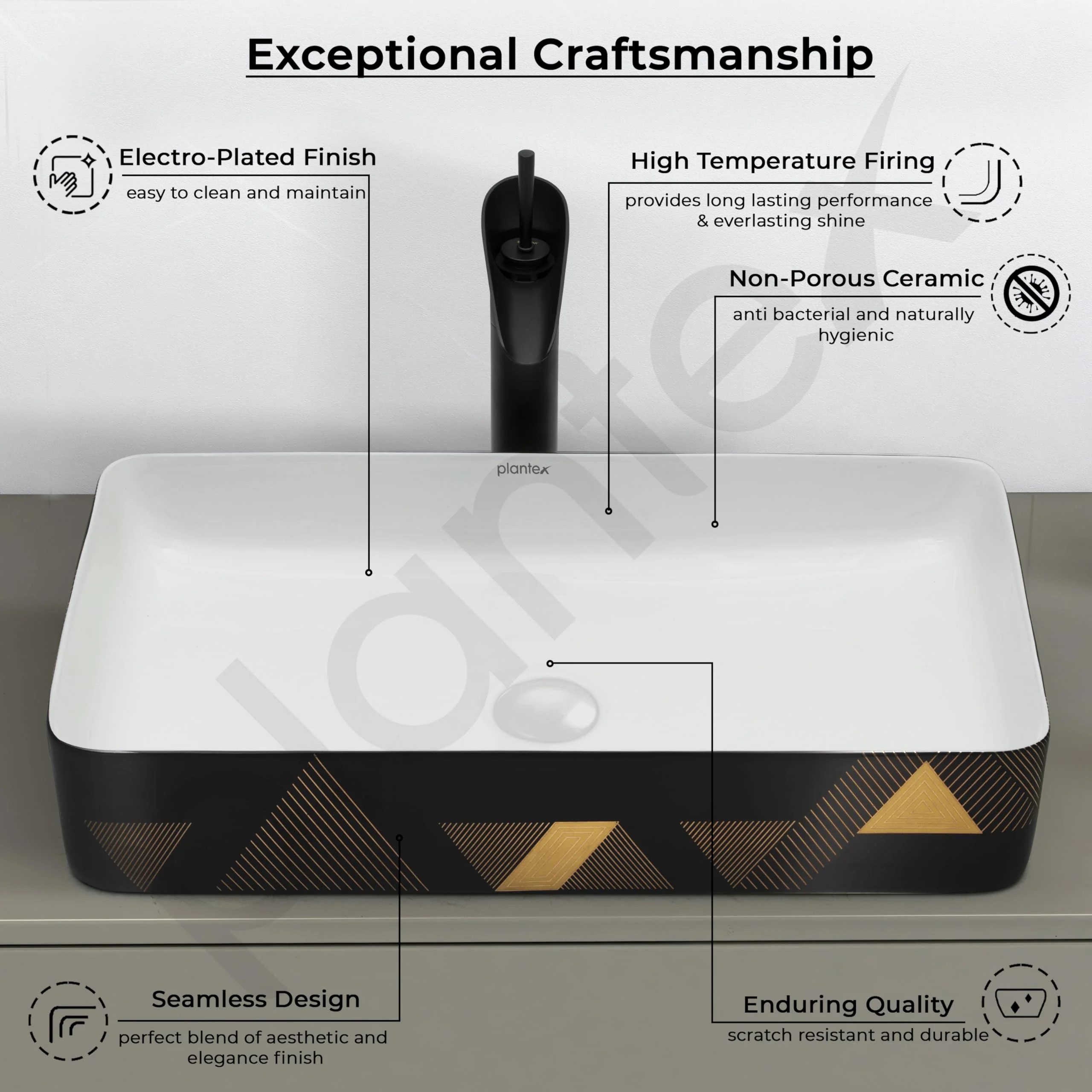 Plantex RectangularTable Top Wash Basin For Bathroom/Designer Ceramic Basin/Countertop Vessel Sink Basin - Indo-European Collection (24 x 14 x 5 Inch) - Image 3