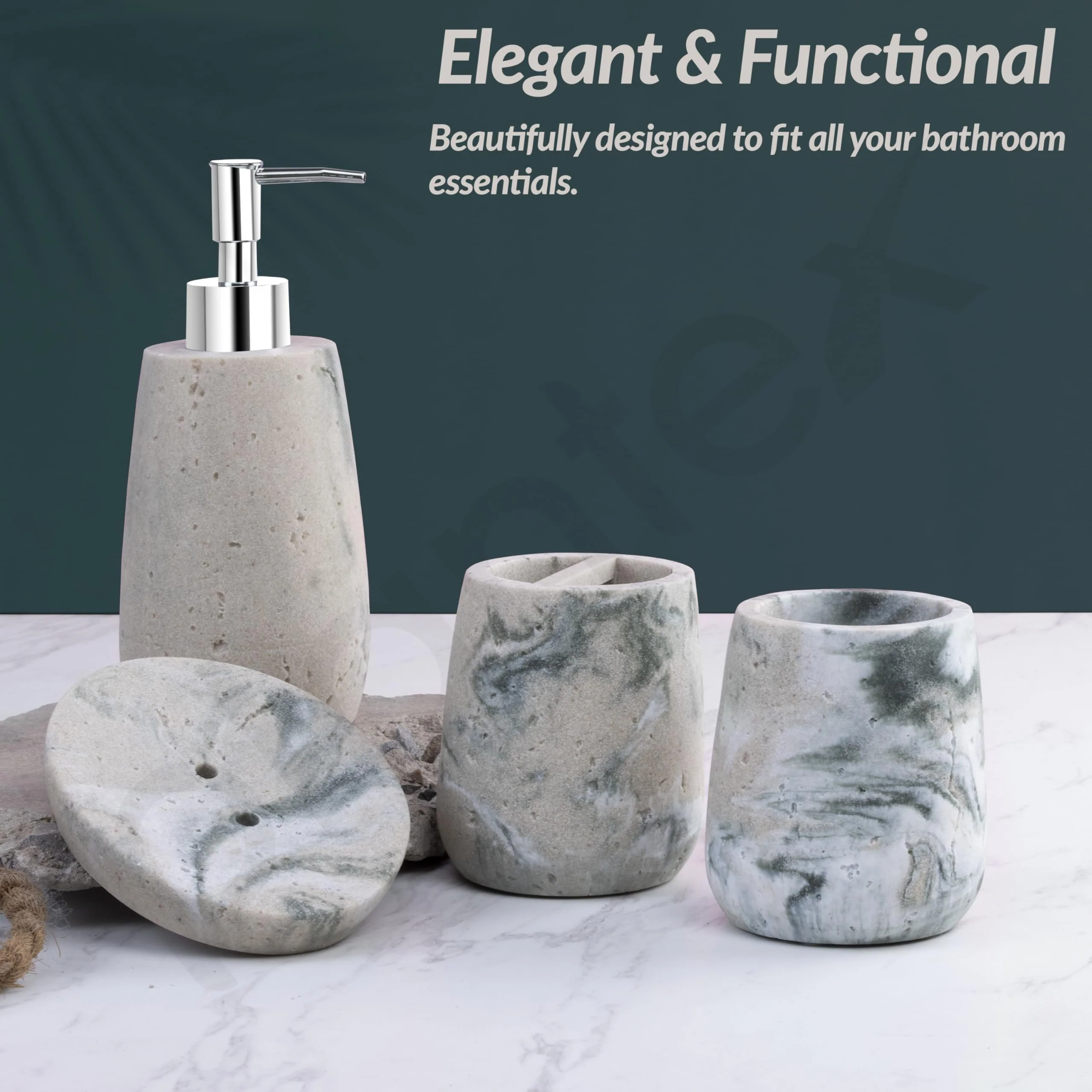 Plantex Resin Bathroom Accessories Set/Soap Holder for Bathroom/Toothbrush Holder/Tumbler Holder/LiquidsSoap Dispenser - 4 Piece(Marble Green & Beige) - Image 6