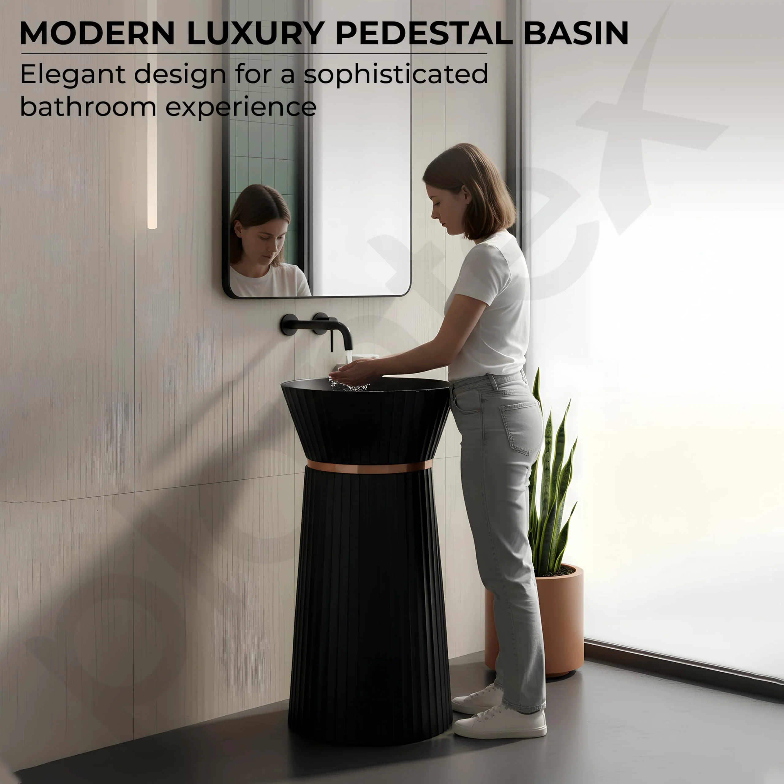 Plantex Round Pedestal Basin for Bathroom/Ceramic Designer One Piece Pedestal Free Standing Wash Basin for living Room/Hotel (Black-17x17x33.5 inch) - Image 6