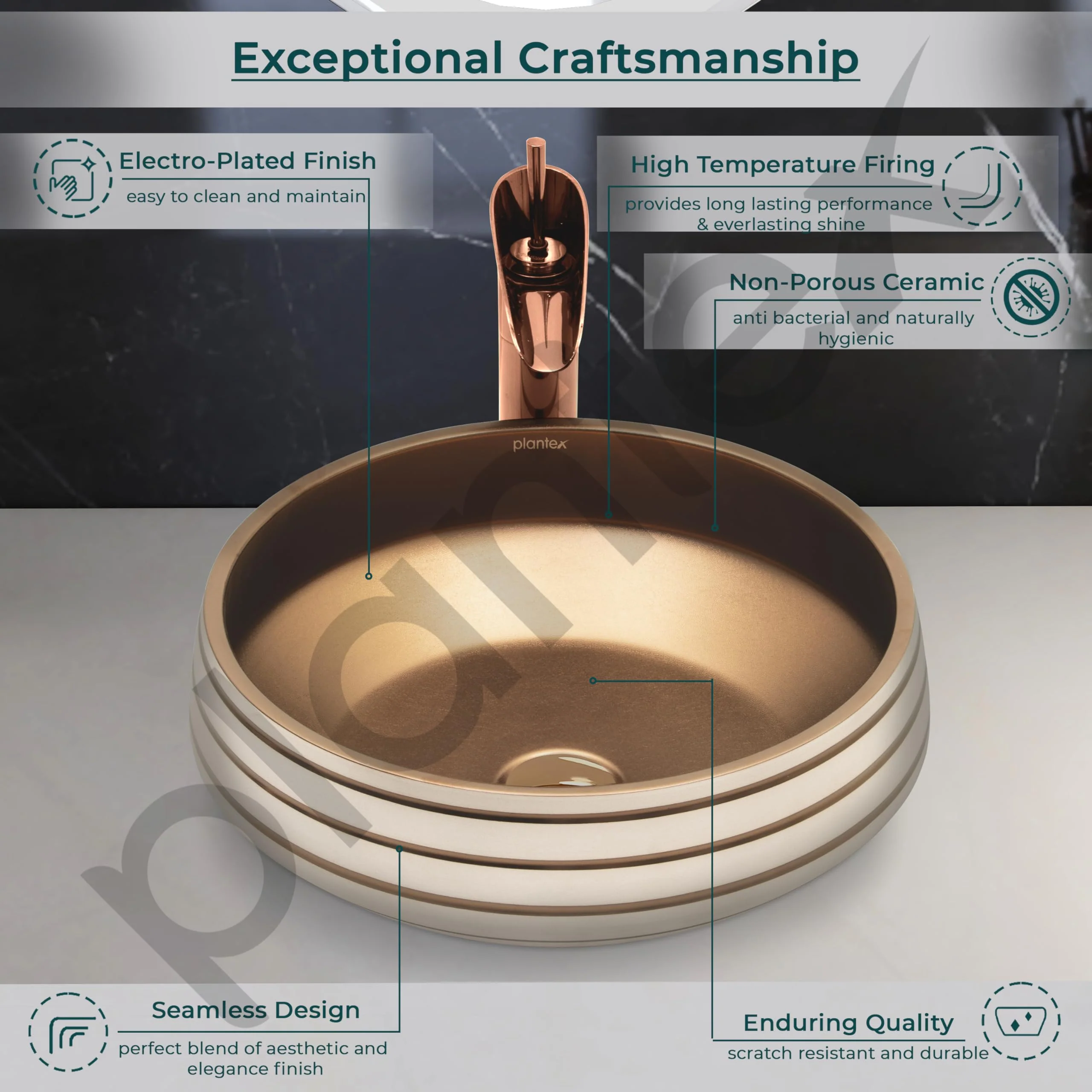 Plantex Round Wash Basin for Bathroom/Ceramic Tabletop Washbasin/Basin for Bathroom Indo-European Collection (16 x 16 x 7 Inch) - Image 3