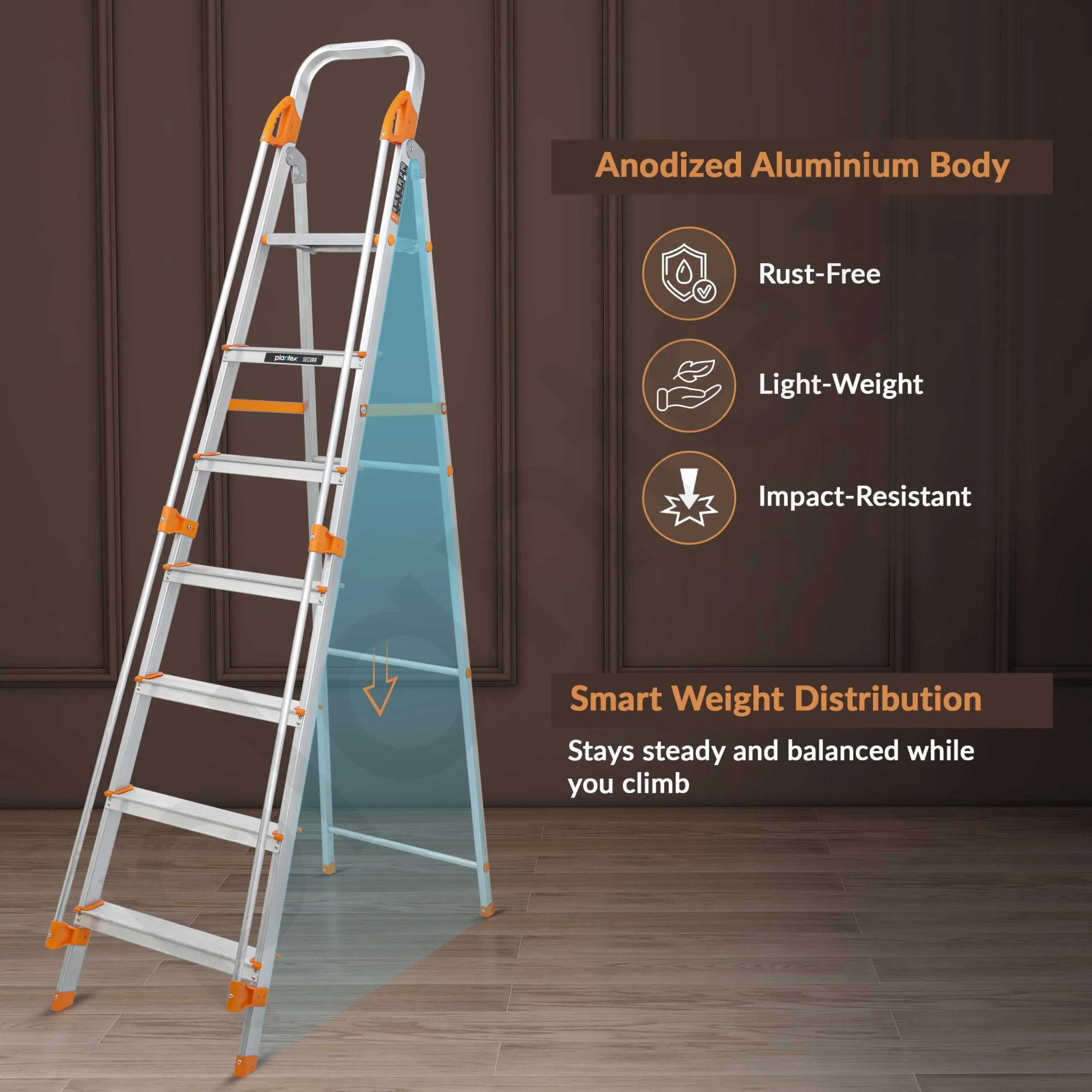 Plantex Secura 7 Step Aluminium Ladder for Home/Foldable Ladder with Safe Hand Rails/5 Year Manufacturer Warranty(Orange-Silver) - Image 5