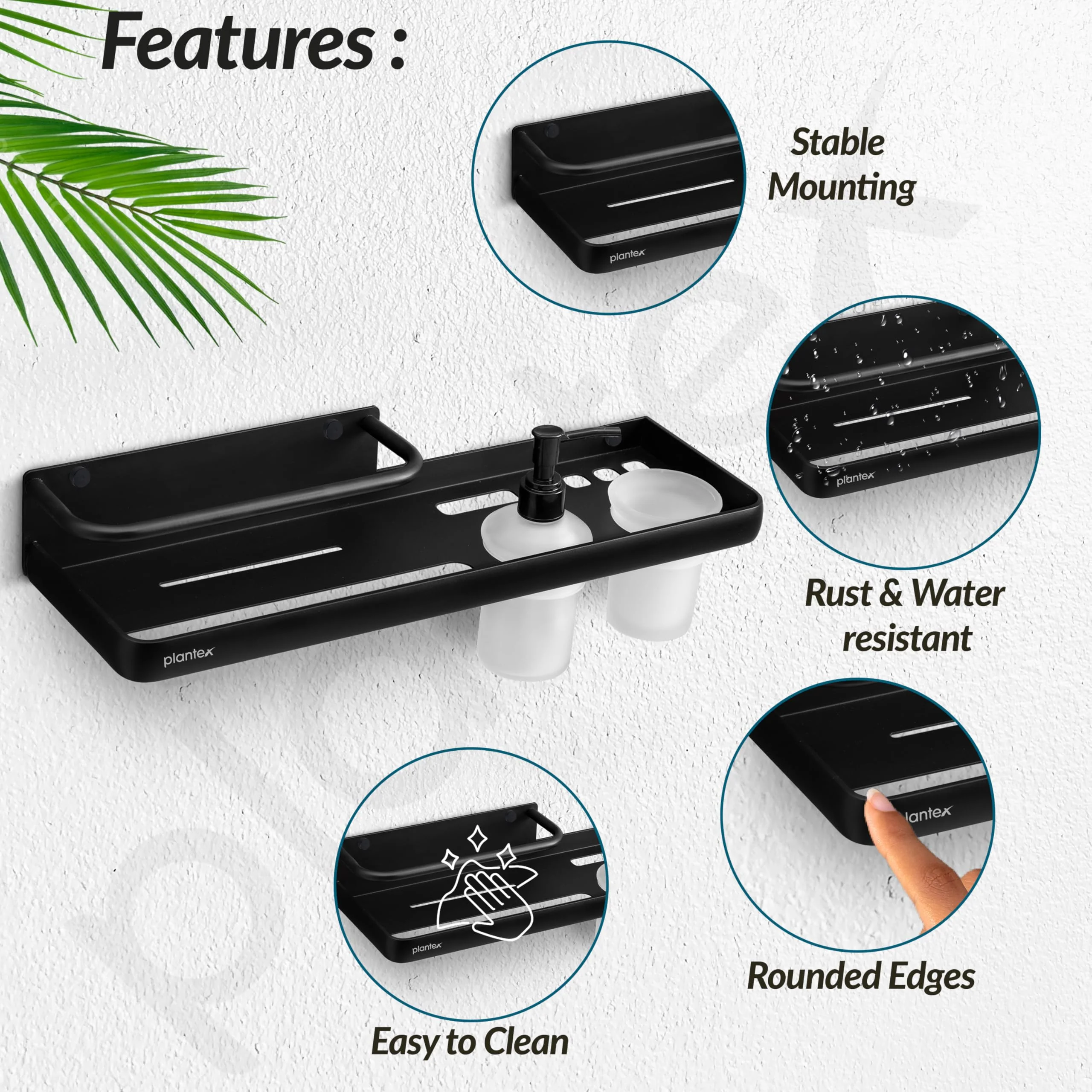Plantex Self Adhesive 4in1 Shelf for Bathroom/Multifunctional Organizer with Tumbler Holder/Liquid Soap Dispenser/Napkin Holder/Bathroom Accessories Set (1514, Black) - Image 2