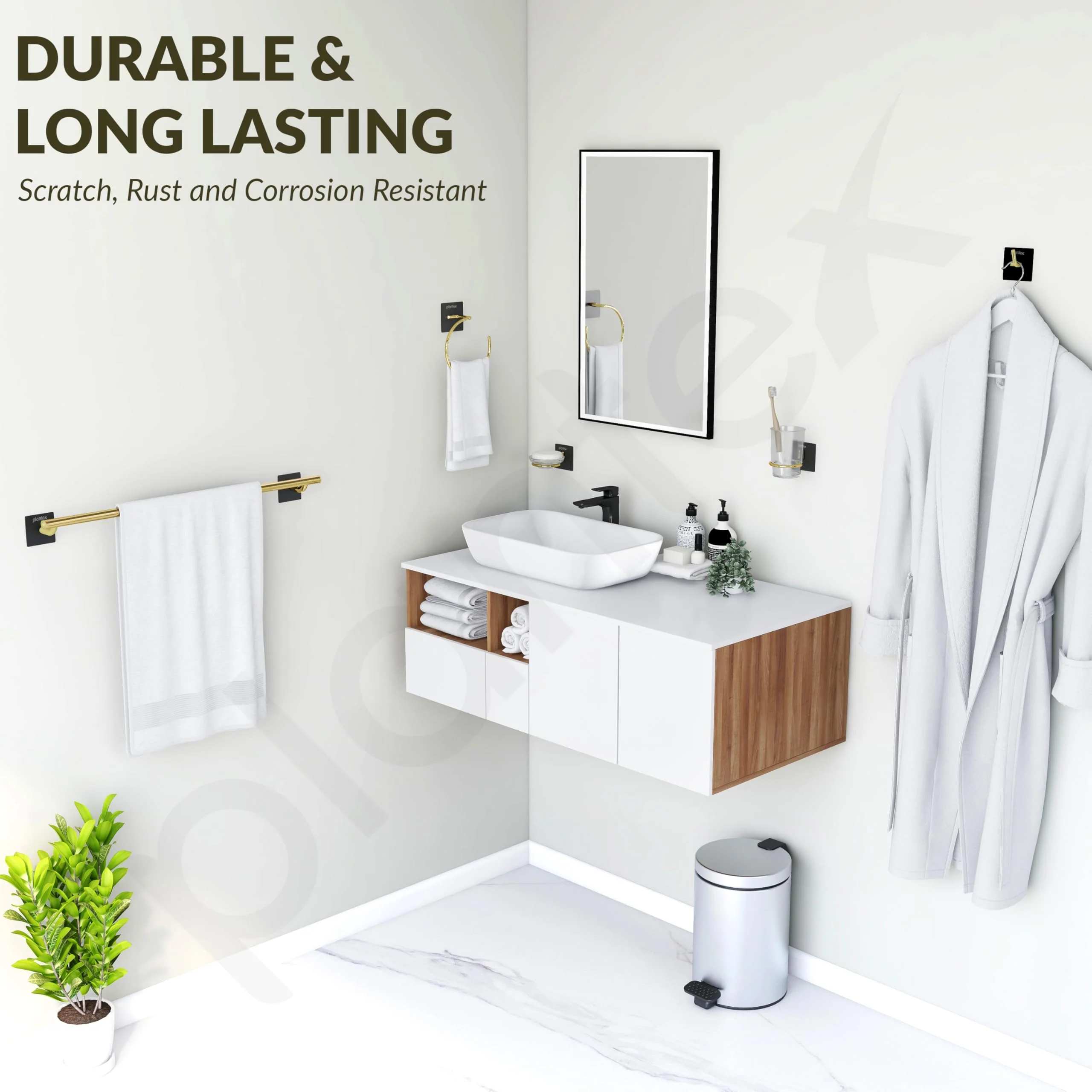 Plantex Self Adhesive Bathroom Accessories Set/Soap Holder/Tumbler Holder/Towel Rod/Napkin Holder/Robe Hook/Bathroom Accessories - Set of 5 (Matt Black & Gold) - Image 4