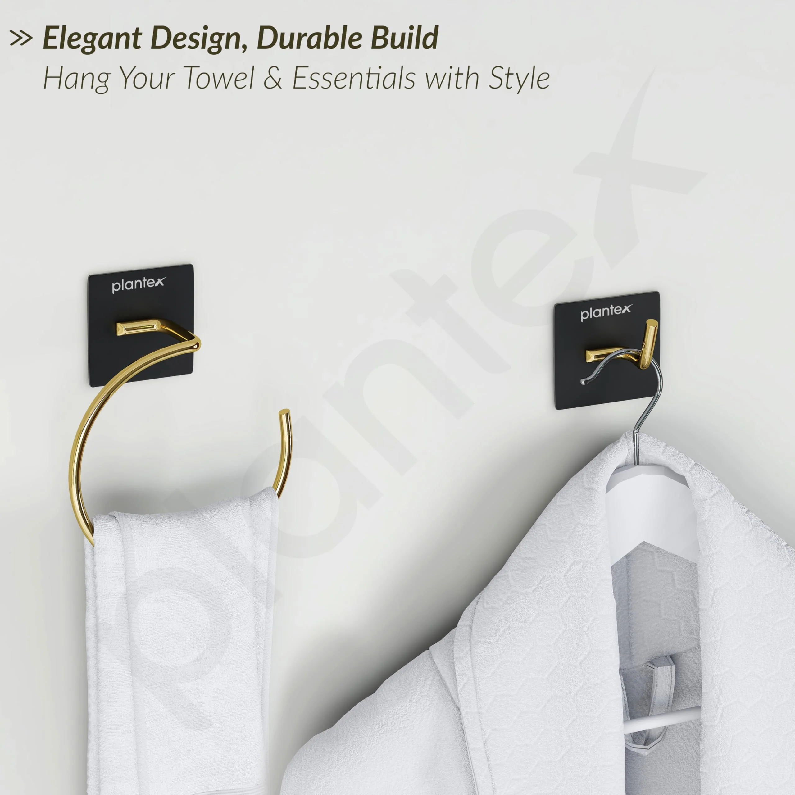 Plantex Self Adhesive Bathroom Accessories Set/Soap Holder/Tumbler Holder/Towel Rod/Napkin Holder/Robe Hook/Bathroom Accessories - Set of 5 (Matt Black & Gold) - Image 5