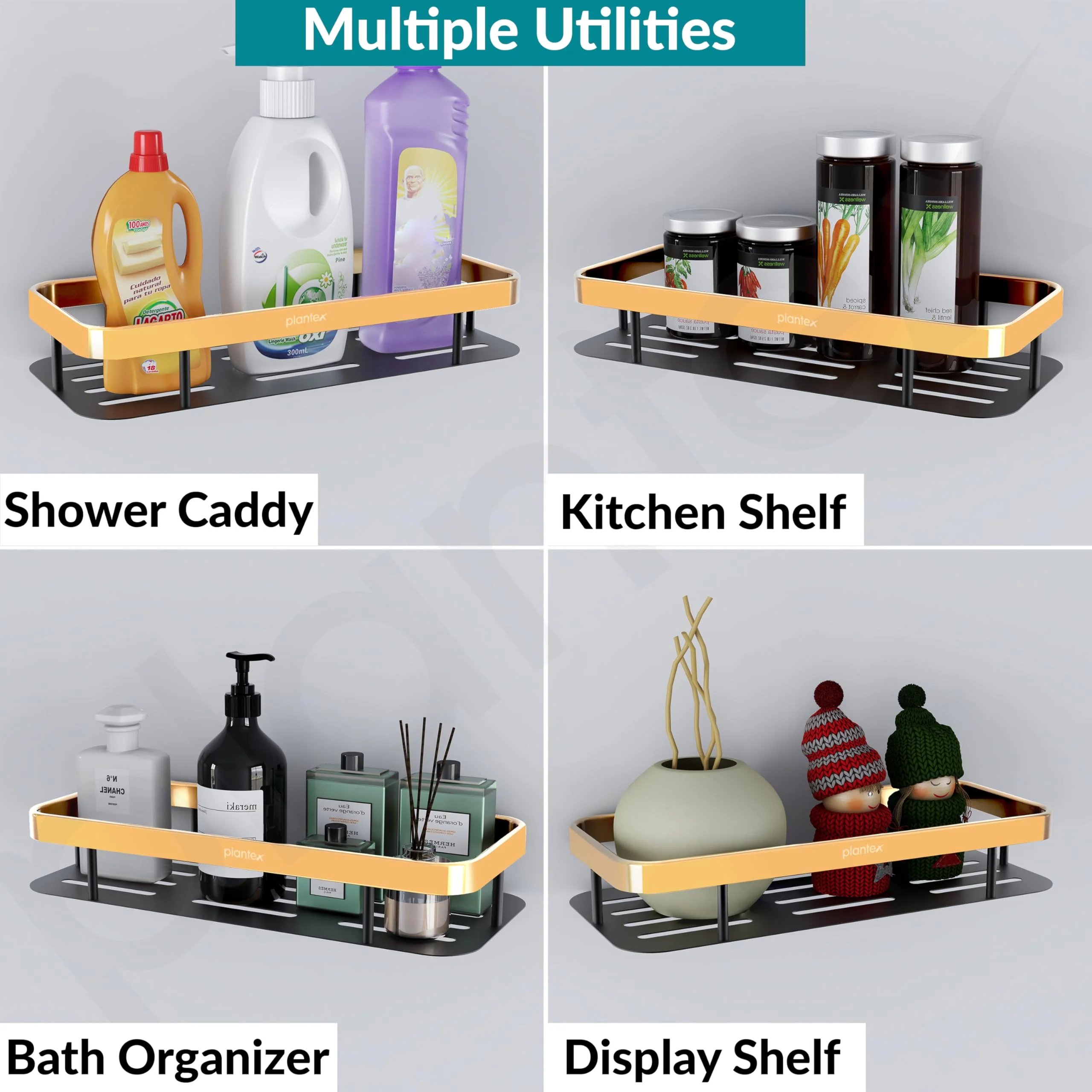 Plantex Self Adhesive Bathroom Shelf/Bathroom Shelf for Wall Adhesive/Aluminium Wall Mounted Rack for Kitchen with Golden Railing and Magic Stickers-(12x5 inches, Gold & Black) - Image 7