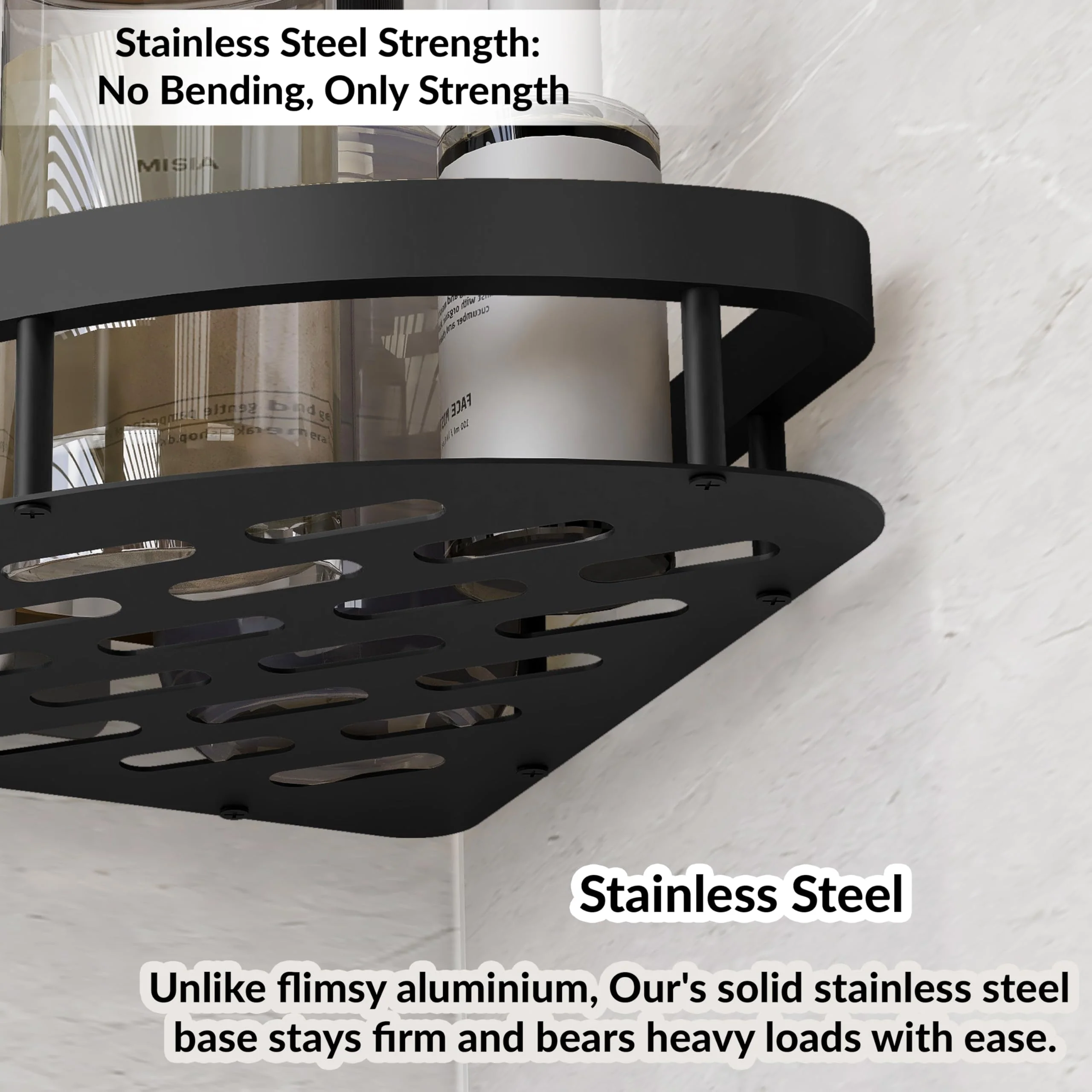 Plantex Self Adhesive Corner Shelf for Bathroom Wall/Aluminium & Stainless Steel Corner Rack/Storage Organizer/Bathroom Accessories Set- Pack of 4 (8 x 8 inch, Black) - Image 2