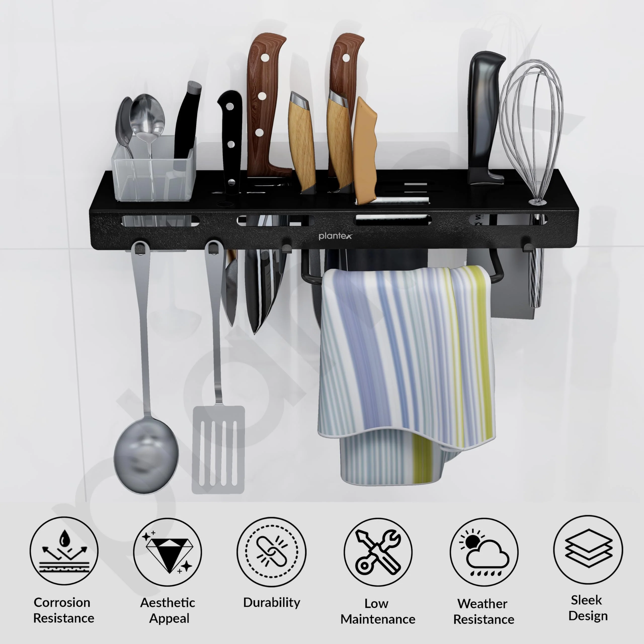 Plantex Self Adhesive Kitchen Cutlery Organizer/Knife Holder/Cutlery Stand/Spatula-Ladle Holder with Adjustable Hooks and Towel Hanger (Black) - Image 3