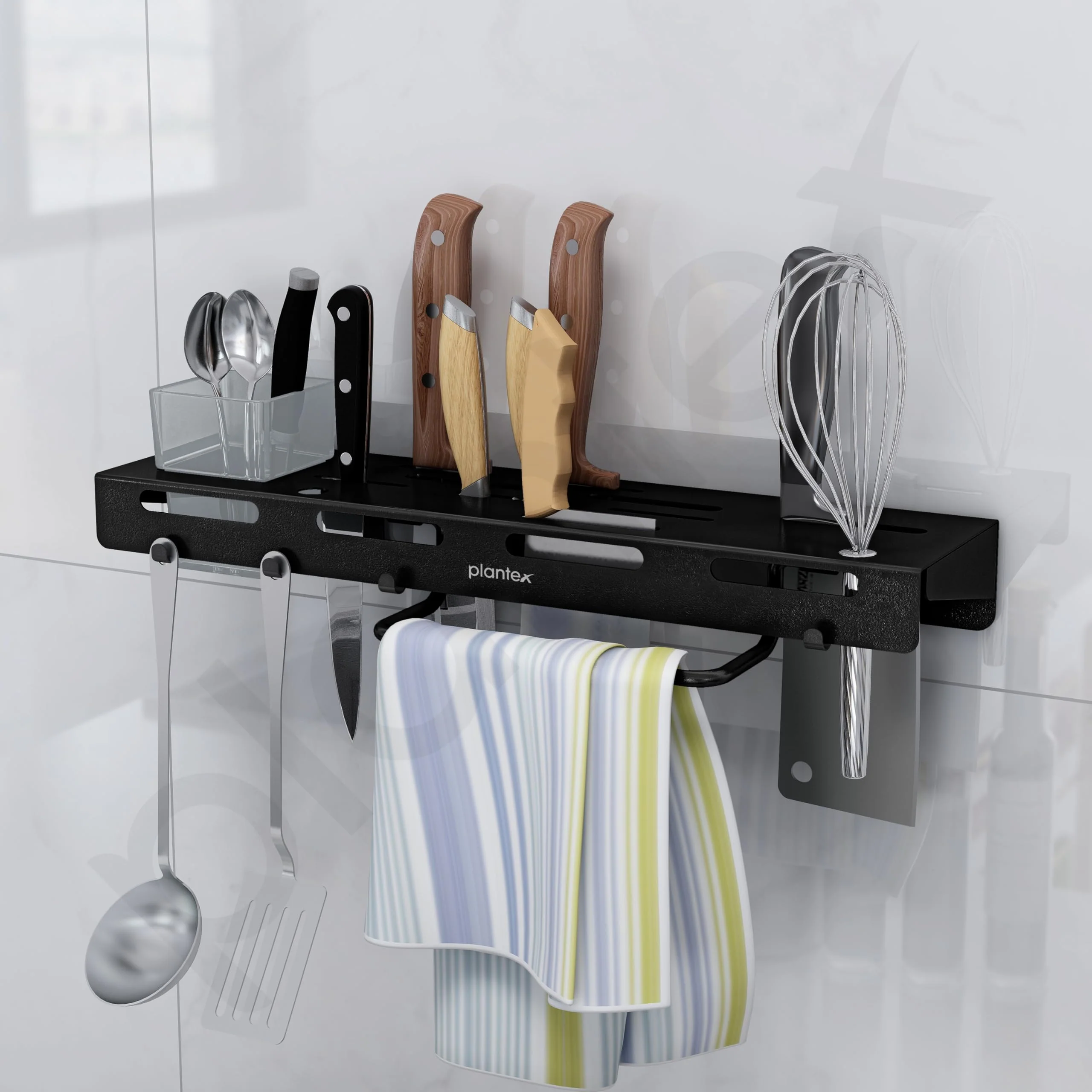 Plantex Self Adhesive Kitchen Cutlery Organizer/Knife Holder/Cutlery Stand/Spatula-Ladle Holder with Adjustable Hooks and Towel Hanger (Black) - Image 6