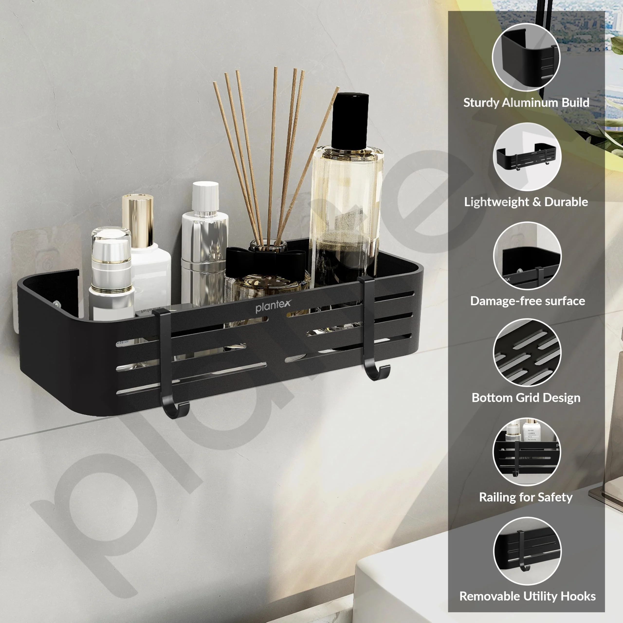 Plantex Self Adhesive Shelf for Bathroom Wall/Aluminium Kitchen Rack Adhesive with Removable Hooks & Magic Stickers/Bathroom Organiser Without Drill (12x5 inches, Matt Black) - Image 4