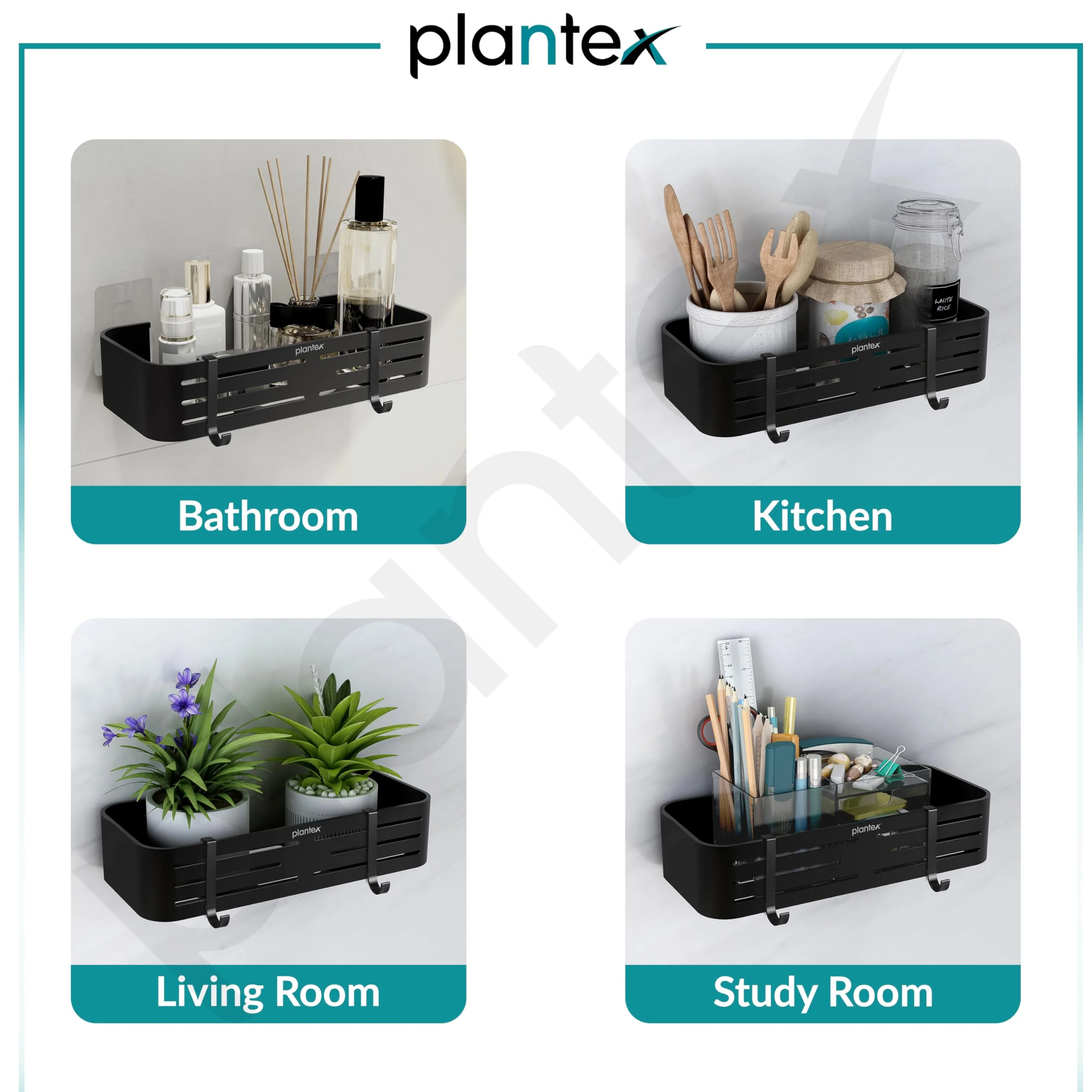 Plantex Self Adhesive Shelf for Bathroom Wall/Aluminium Kitchen Rack Adhesive with Removable Hooks & Magic Stickers/Bathroom Organiser Without Drill (12x5 inches, Matt Black) - Image 5