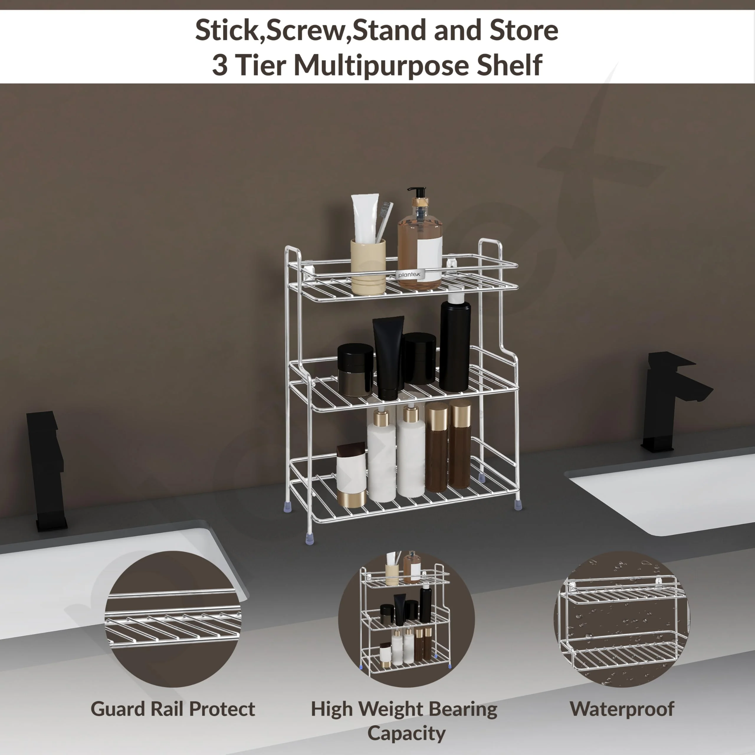Plantex Self Adhesive Stainless Steel Bathroom Shelf/Multipurpose Organizer/Kitchen Rack and Shelf/Bathroom Stand (Chrome-Silver) - Image 3