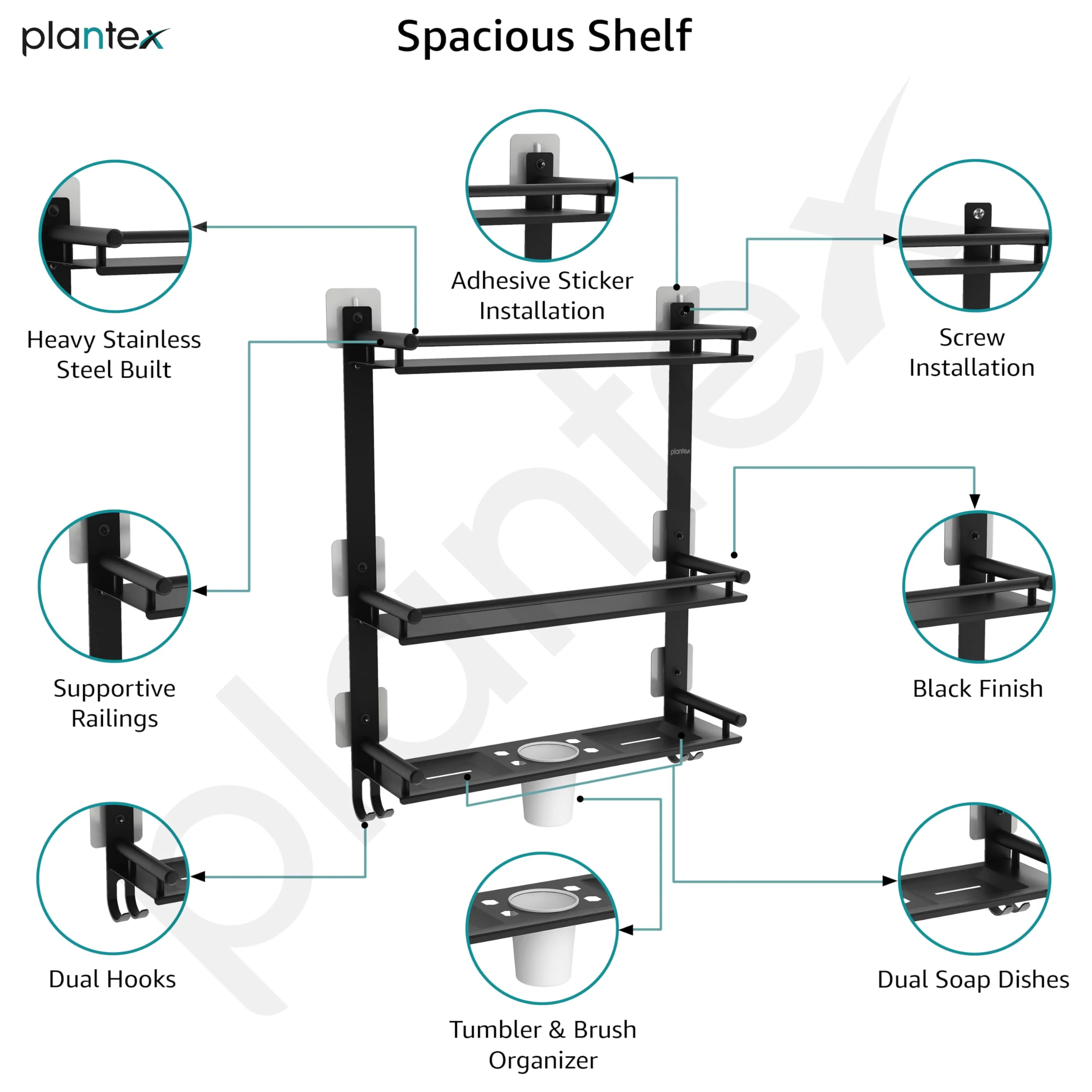 Plantex Self Adhesive Stainless Steel Shelf/Bathroom Organiser Without Drill/Shelf for Bathroom with Soap Dish/Toothbrush Holder/3 Tier Multipurpose Rack with Hooks (Black) - Image 4