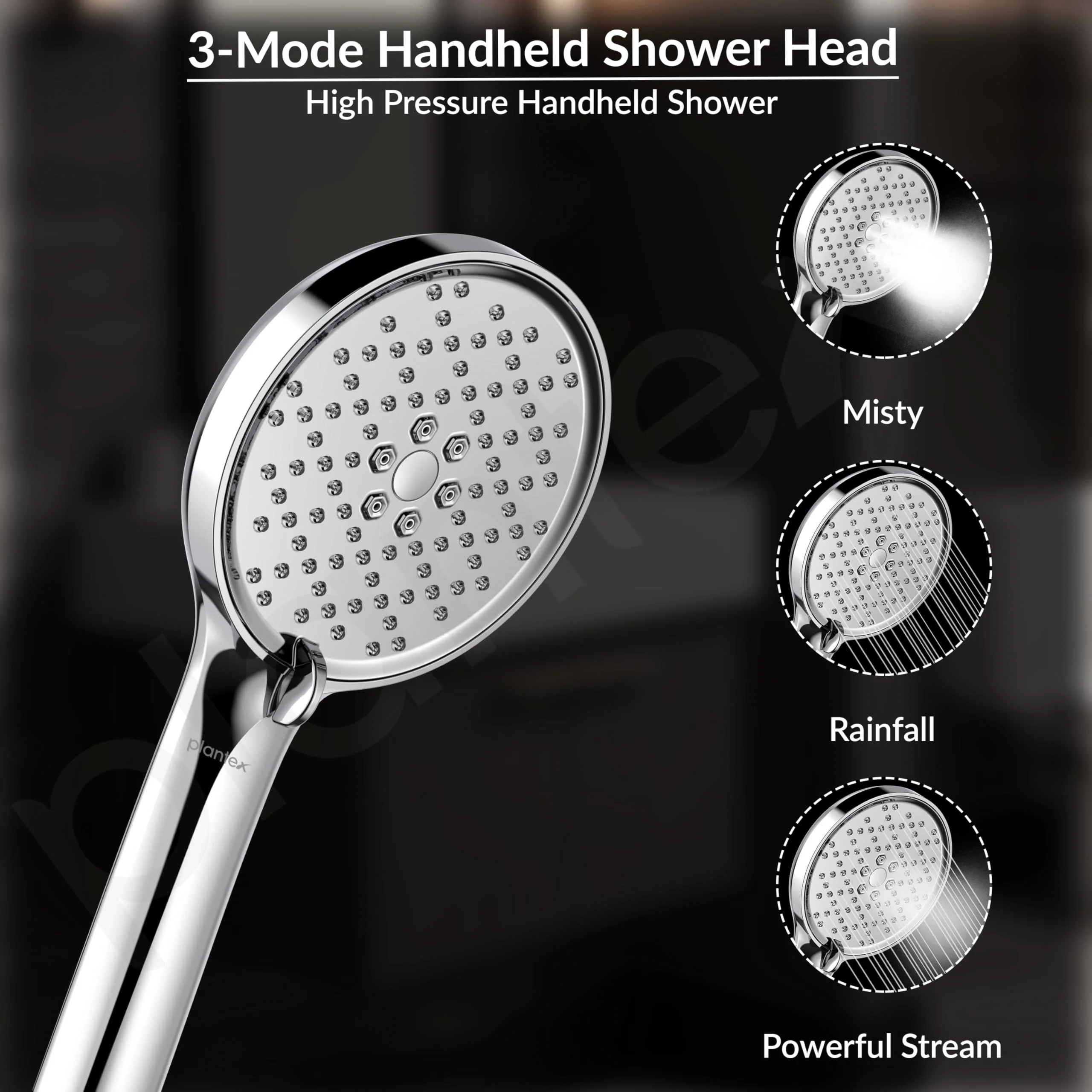 Plantex shower for bathroom full set with 3-Mode Hand Shower/304 Stainless Steel Flexible Hose Pipe & Hand Shower Holder-Chrome - Image 5