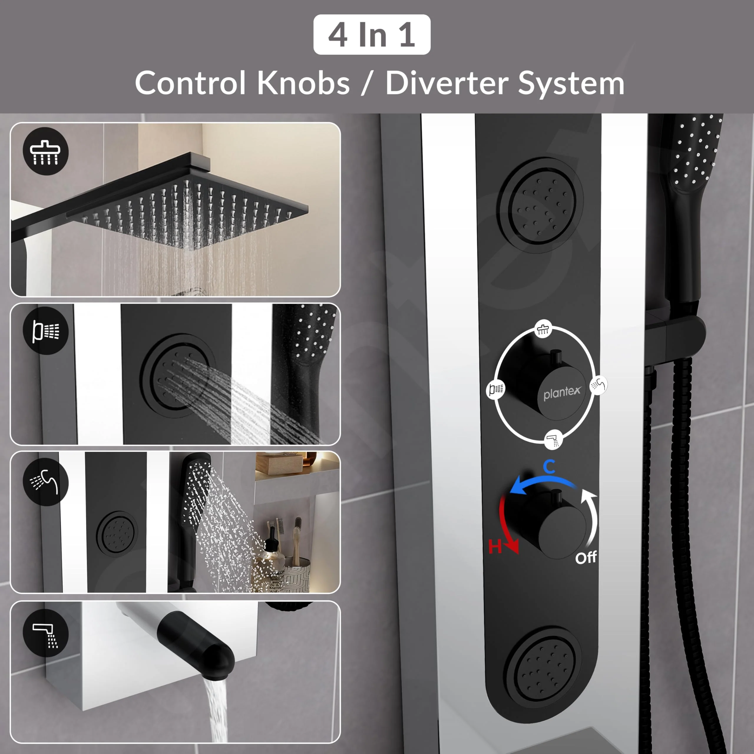 Plantex Shower Panel for Bathroom/304 Grade Stainless Steel Modern Shower System with Head Shower/Hand Shower & Massage Spray Jet for Bathroom - Pack of 1 (Chrome and Black, KM-8097) - Image 5