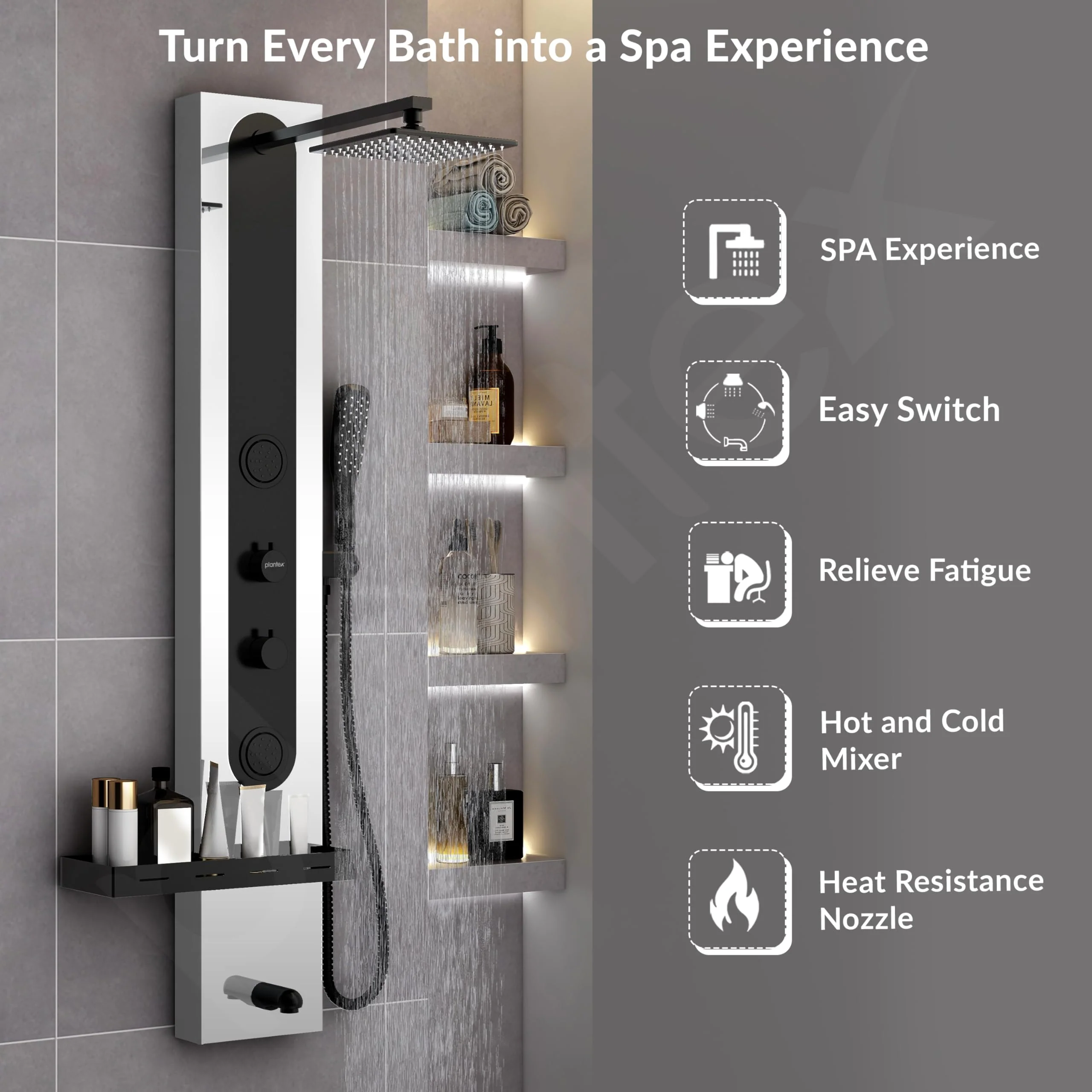 Plantex Shower Panel for Bathroom/304 Grade Stainless Steel Modern Shower System with Head Shower/Hand Shower & Massage Spray Jet for Bathroom - Pack of 1 (Chrome and Black, KM-8097) - Image 6