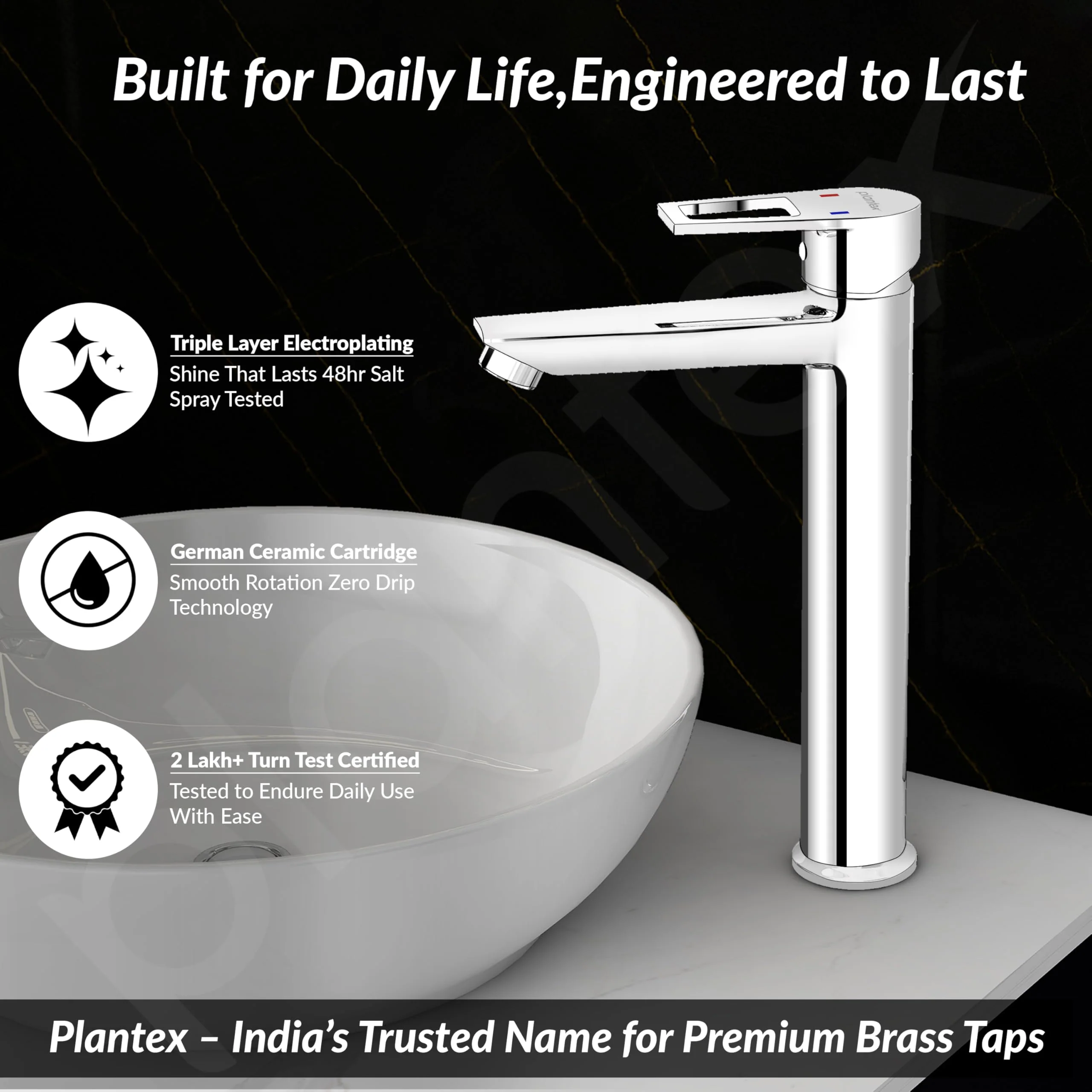 Plantex Single Lever Basin Mixer Tap/Pure Brass Pillar Tap for Wash Basin/Hot and Cold Water Tap for Basin/Long Body Water Tap - Pack of 1 (Chrome, 3227) - Image 3