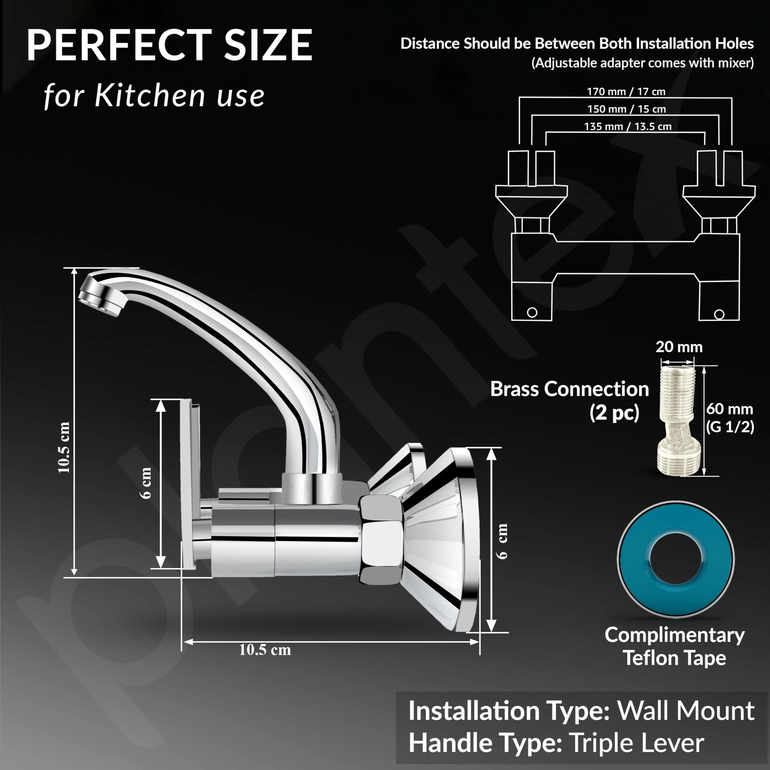 Plantex Sink Cock for Kitchen Sink/360 Degree Rotating with Foam Flow/Wall Mount Swan Neck with Wall Flange and Teflon Tape - Pack of 1 (Chrome, 3523) - Image 5