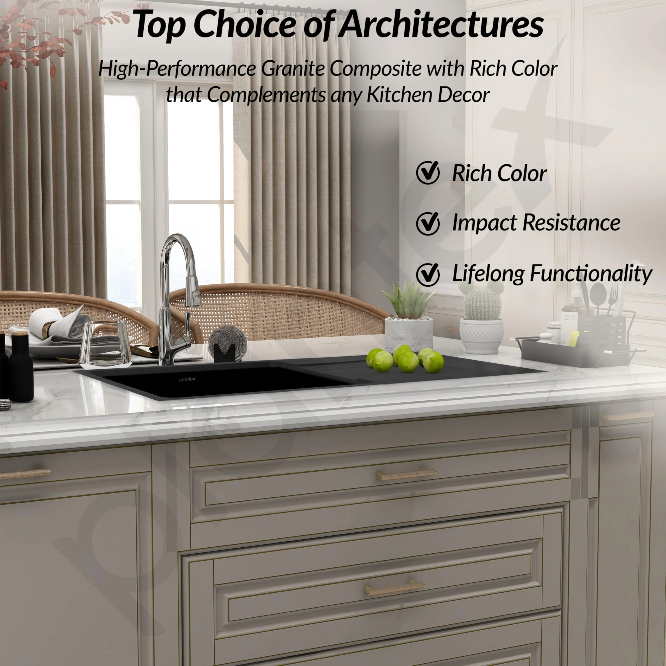 Plantex Sink for Kitchen/Granite Quartz Single Bowl Kitchen Sink With Drain Board/Undermount/Top Mounted (Black-36x18 Inches) - Image 2