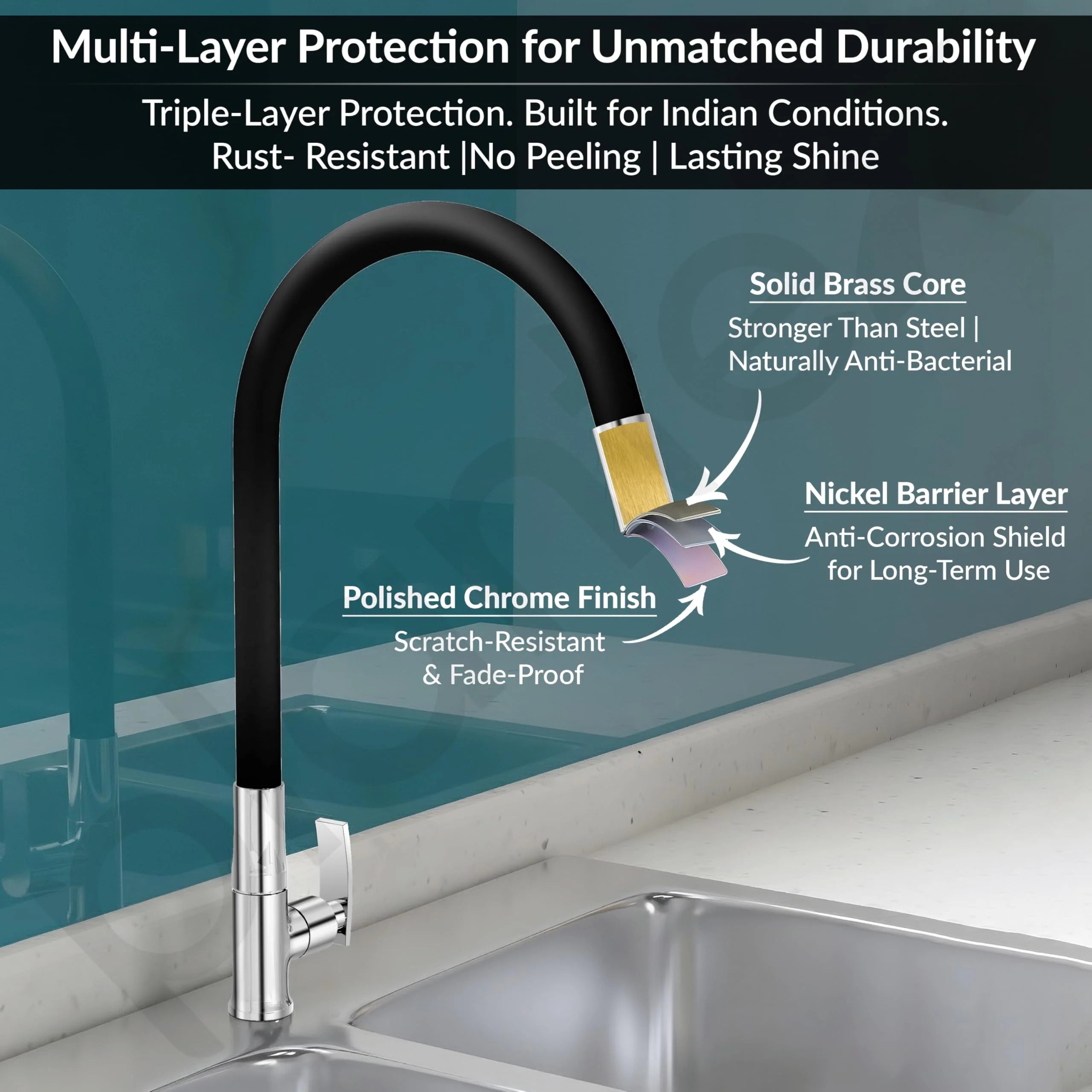 Plantex Sink Tap For Basin With Water Saving Nozzle For Sink Tap/Flexible Silicone Swivel Spout Kitchen Faucet/Water Tap For Kitchen Sink-(COL-1012B), Black - Image 5