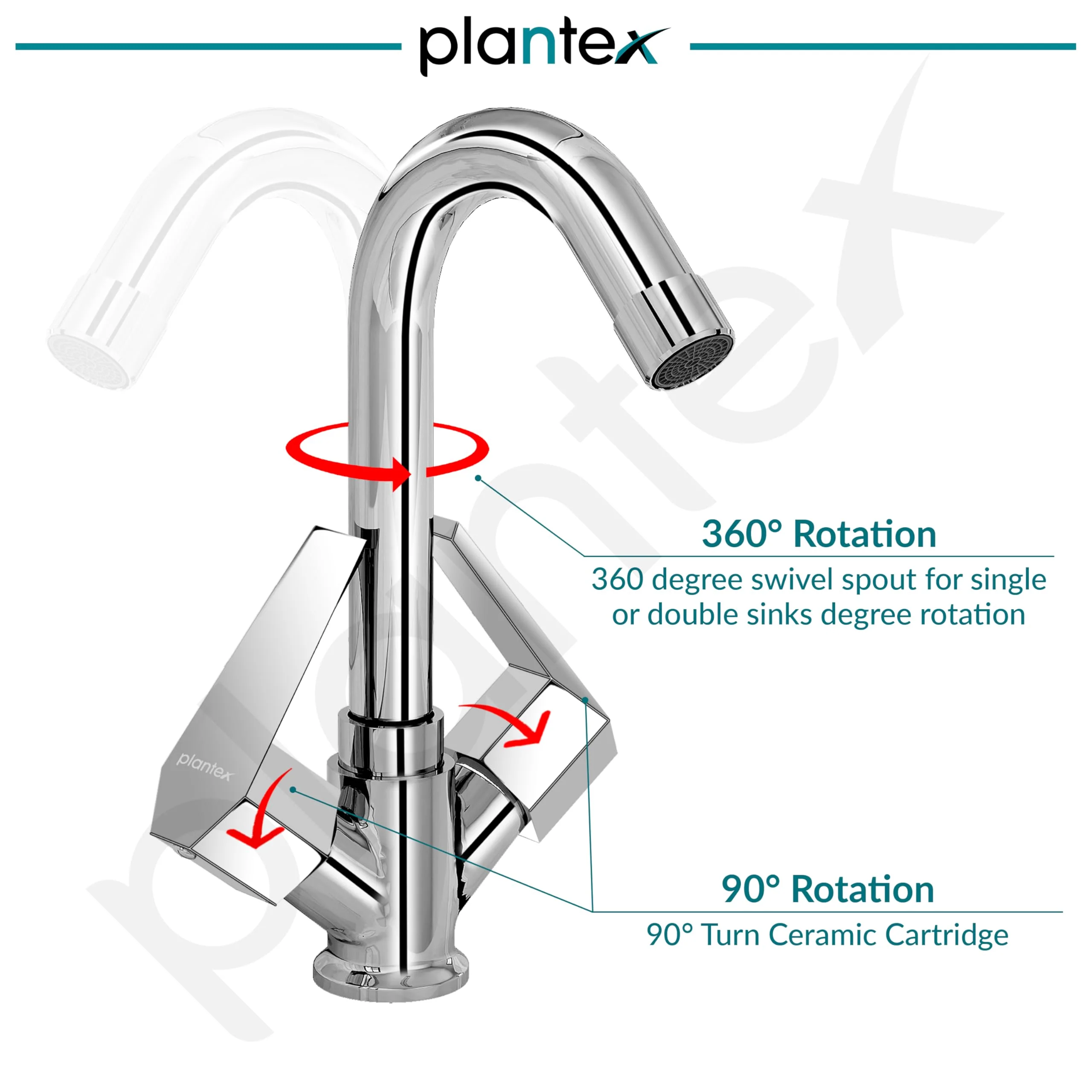 Plantex Sink Tap for Kitchen Basin with Teflon Tape/Kitchen Mixer Tap with 360° Swivel Spout/Hot and Cold Mixer (Celesiya-1240-Chrome) - Image 4