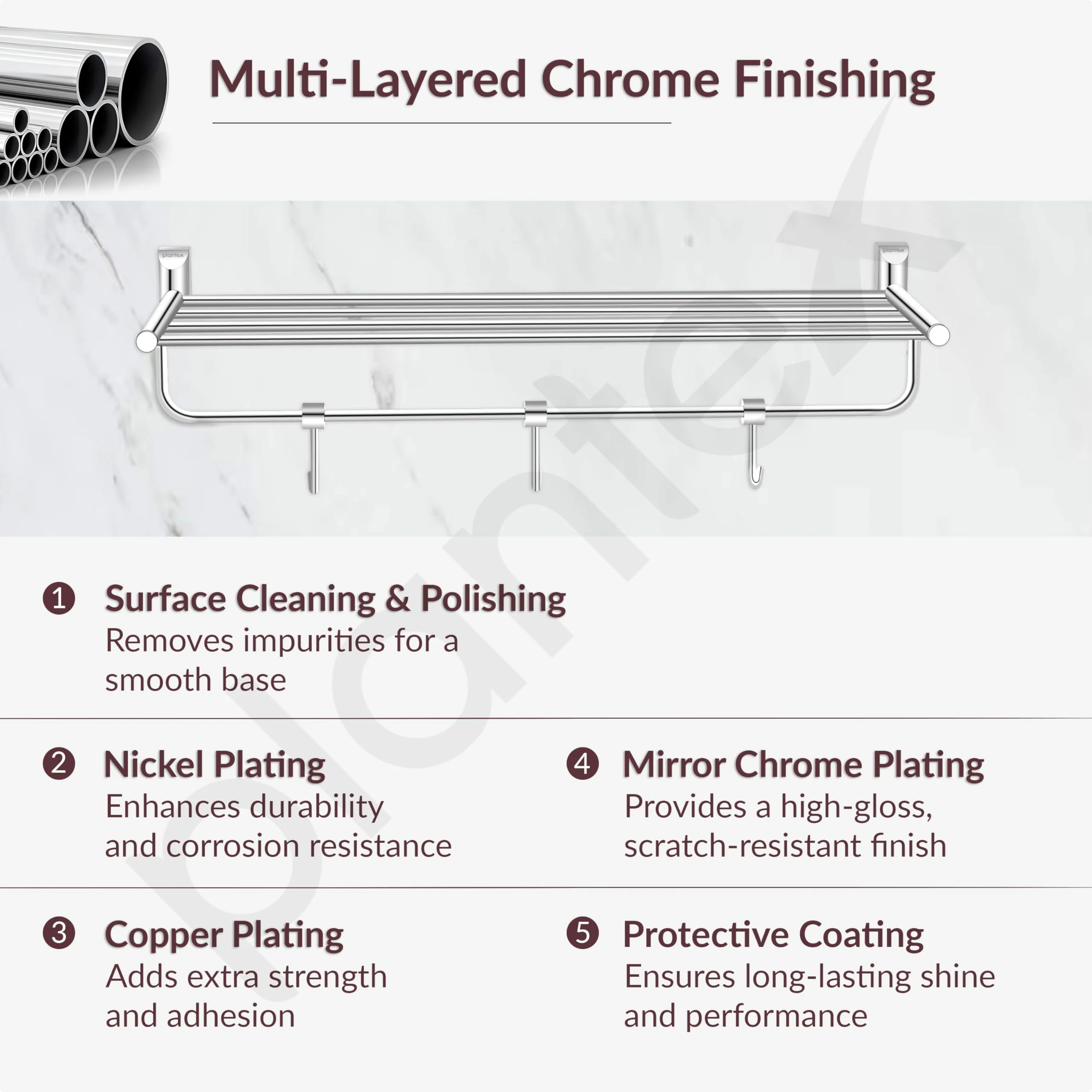 Plantex Smero Pure Brass 24 inch Towel Rack for Bathroom/Towel Stand/Hanger/Towel Holder/Towel Bar/Bathroom Accessories - Superb (Chrome) - Image 3