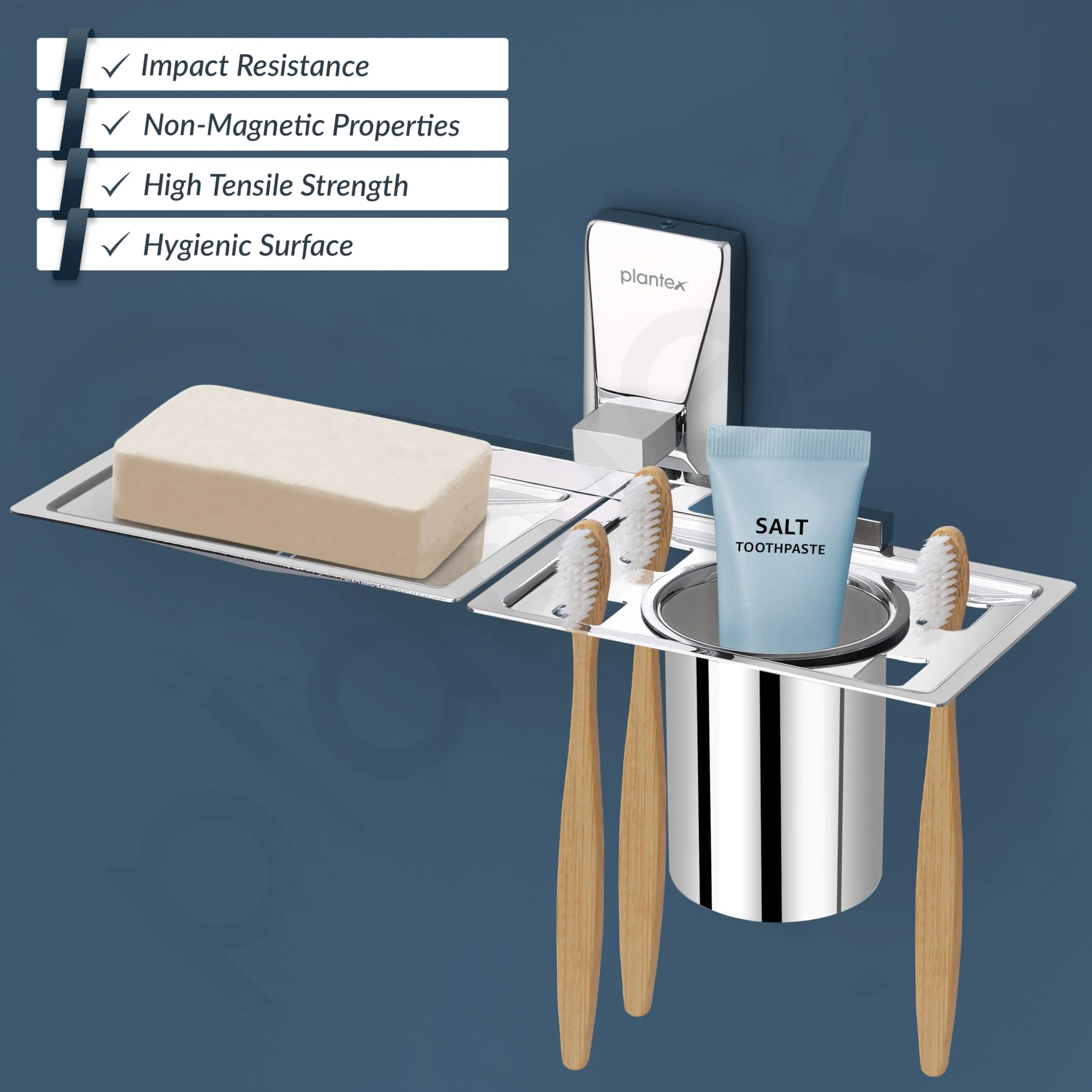 Plantex Soap Dish with Tumbler Holder/304 Grade Stainless Steel 2in1 Soap Dish with Tumbler Stand/Soap Case/Tooth Brush Holder for Bathroom - Crystal (Chrome) - Image 2