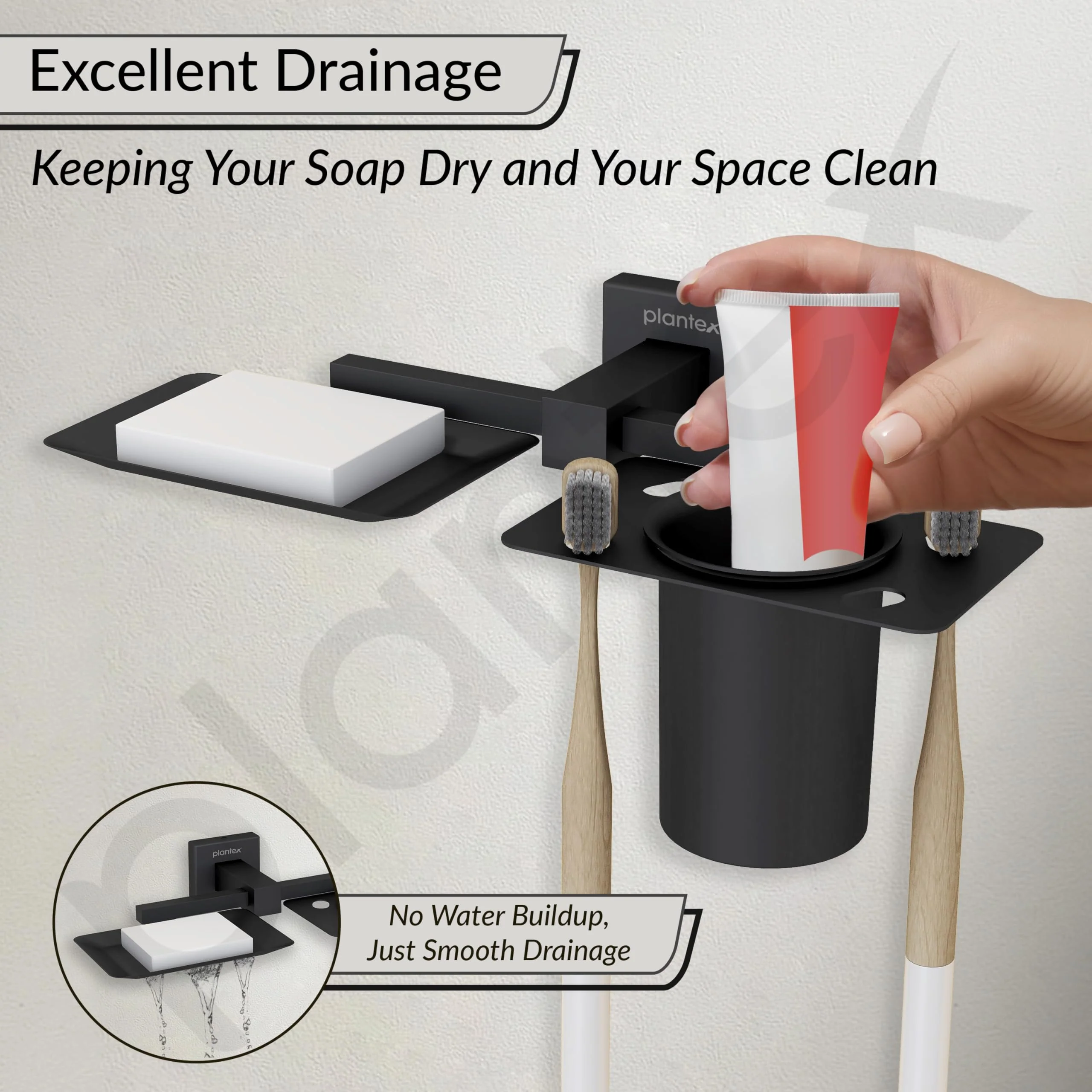 Plantex Soap Dish with Tumbler Holder/Soap Stand/Stainless Steel Soap Case with Toothbrush Holder/Bathroom Accessories - Aqua (Black) - Image 6