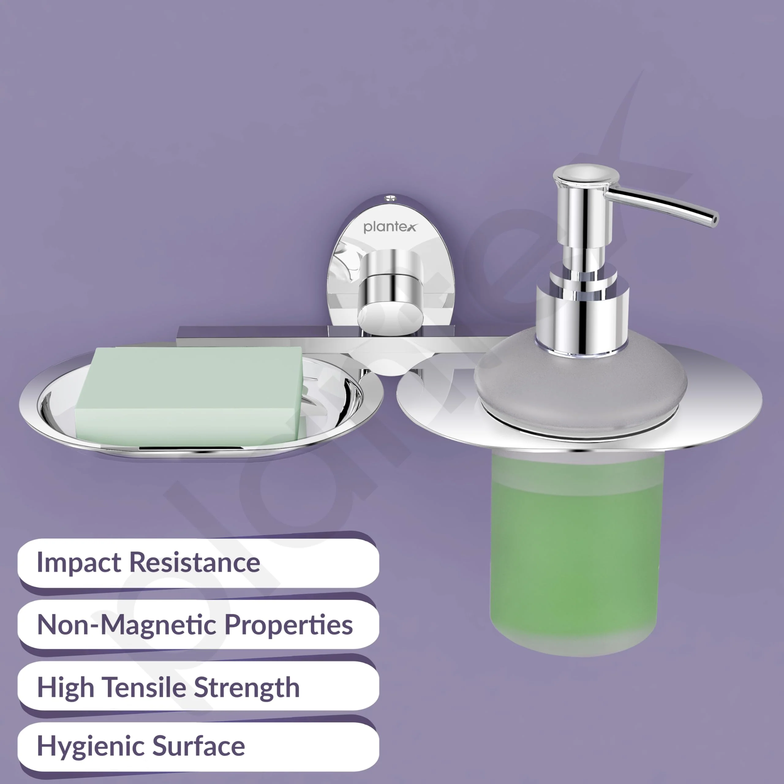 Plantex Soap Holder with Liquid Soap Dispenser/304 Grade Stainless Steel Soap Dish/Shampoo Dispenser/Soap Case/Handwash Dispenser/Bathroom Accessories - (Olive - Chrome) - Image 2