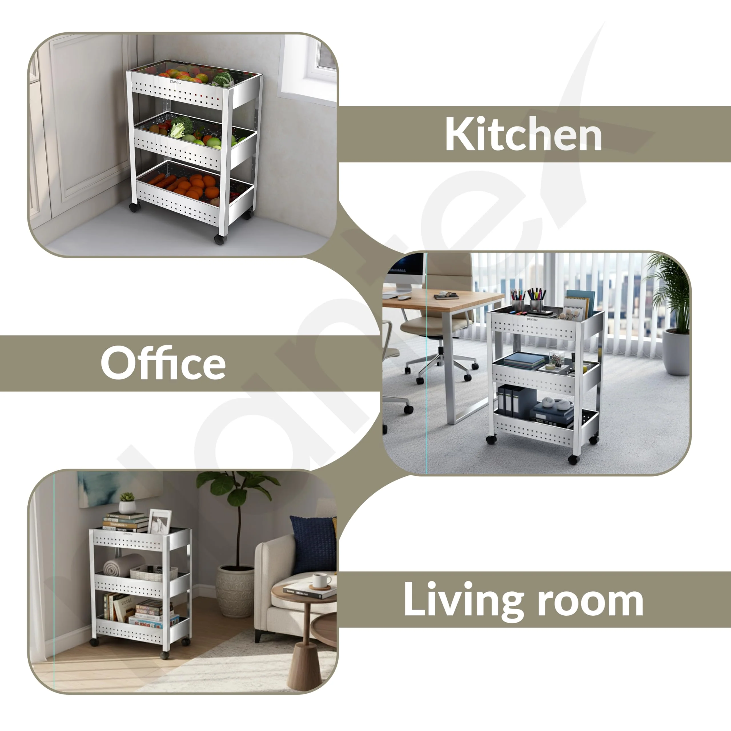 Plantex Stainless Steel 3-Tier Vegetable Storage Basket for Kitchen/Onion Garlic Stand-Trolley (Square Profile-Silver) - Image 5