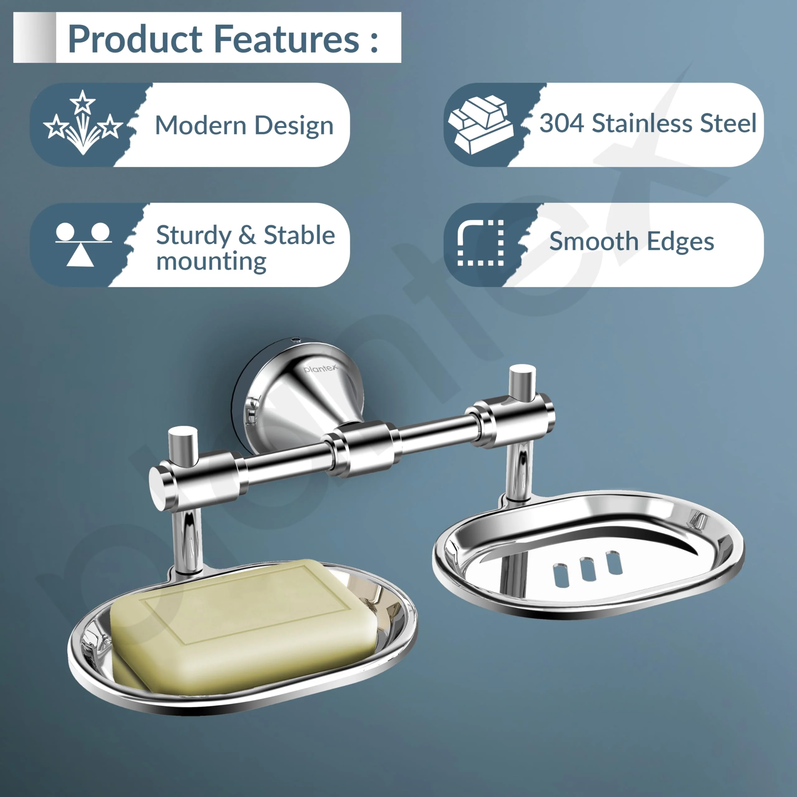 Plantex Stainless Steel 304 Grade Niko Double Soap Holder for Bathroom/Soap Dish/Bathroom Soap Stand/Bathroom Accessories(Chrome) - Pack of 1 - Image 2