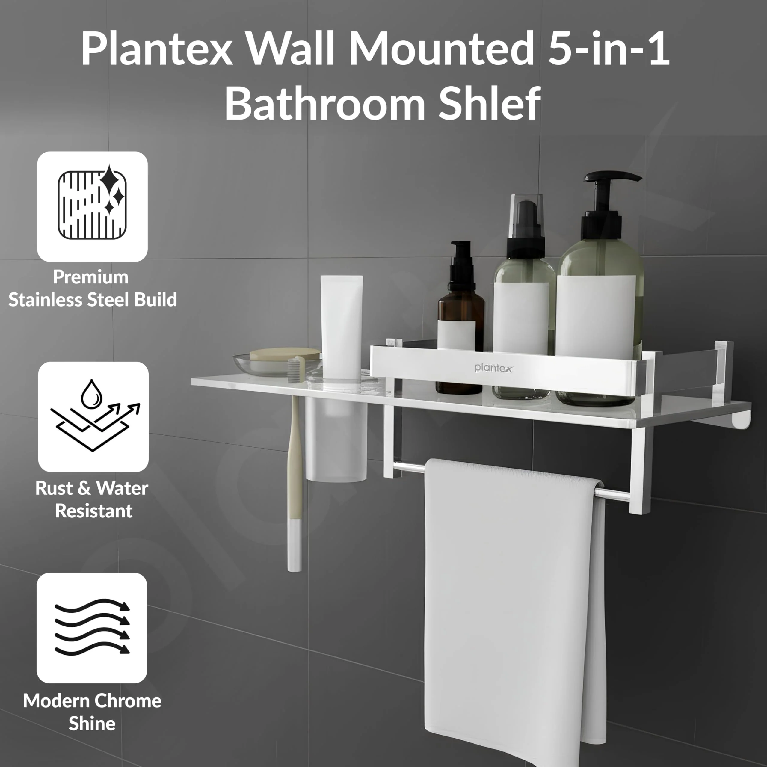 Plantex Stainless Steel 4in1 Multipurpose Bathroom Shelf/Bathroom Steel Rack with Soap Dish, Towel Rod and Tumbler Holder-Chrome (18x5 inches) - Image 3