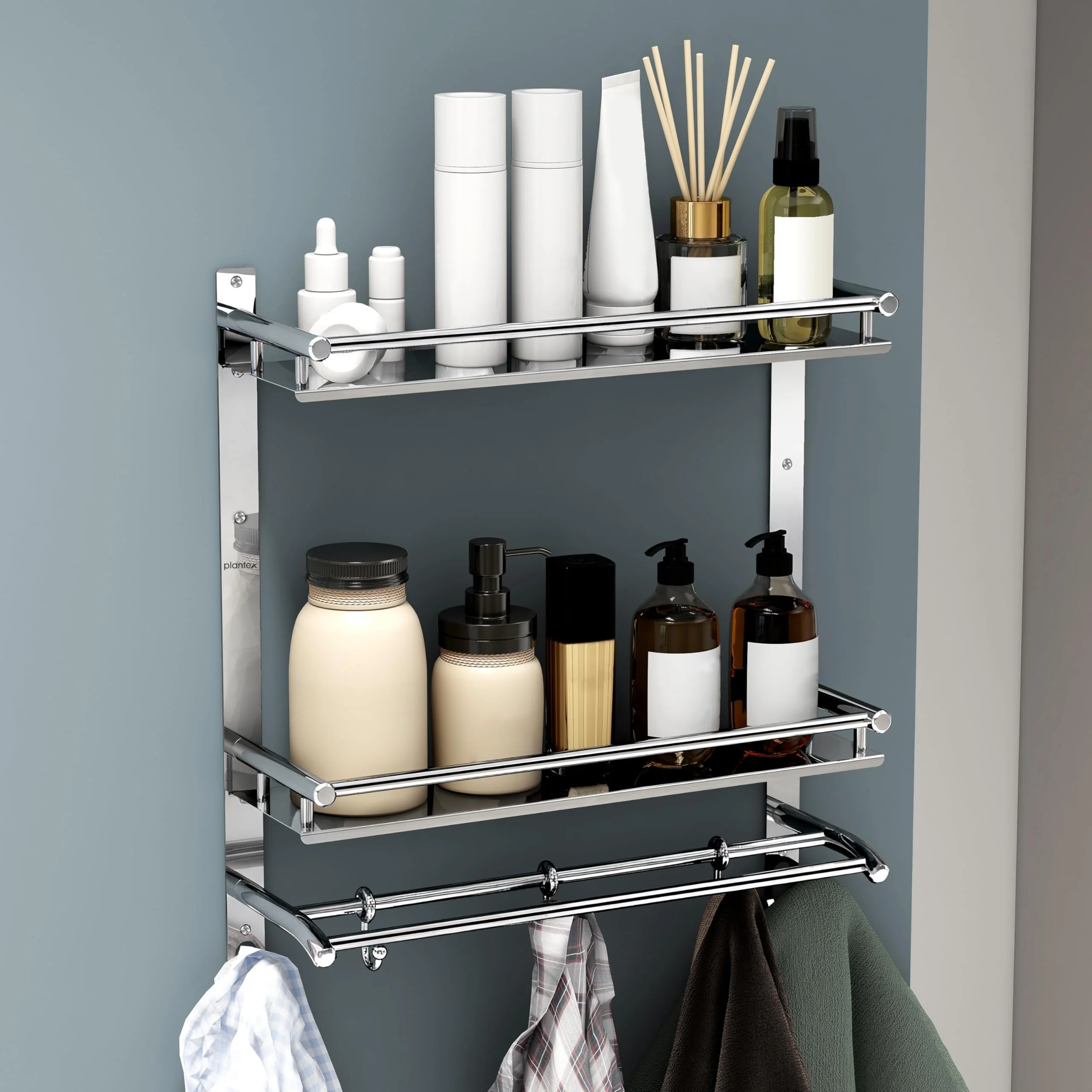 Plantex Stainless Steel Bathroom Organizer/Multipurpose 3 Tier Bathroom Shelf with Towel Hanger and Hooks/Shelf for Washroom