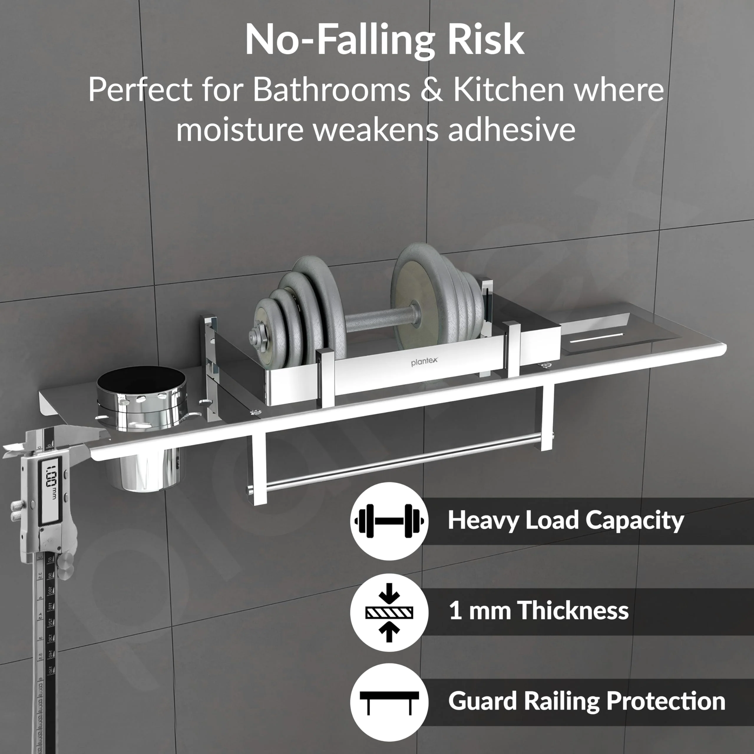 Plantex Stainless Steel Bathroom Shelf/4in1 Multipurpose Shelf for Bathroom/Towel Hanger/Tumbler Holder/Soap Dish/Stand/Bathroom Accessories Set (18 x 5 Inches) - Pack of 1 - Image 6
