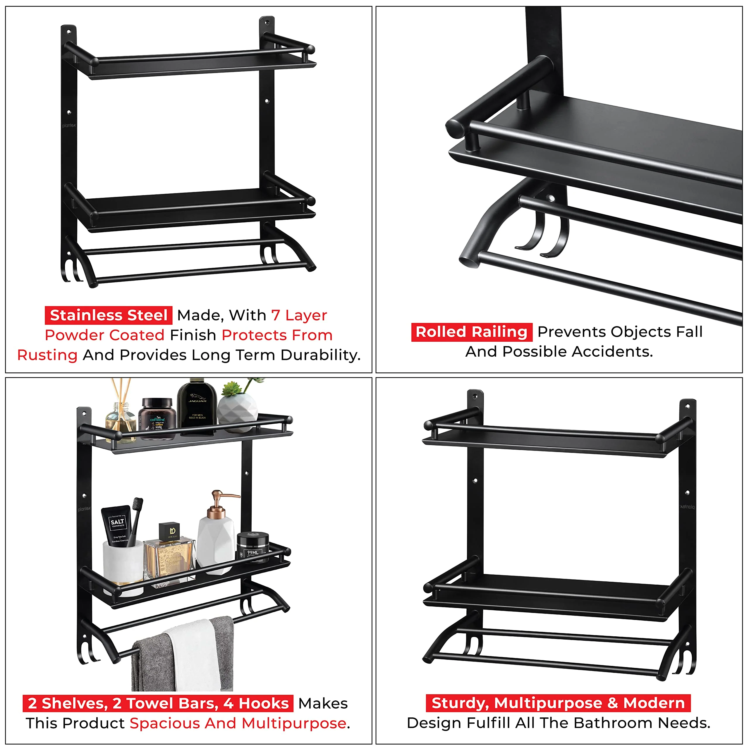 Plantex Stainless Steel Bathroom Shelf/Bathroom Organiser with Drill/Wall Mounted Rack with Hooks and Towel Hanger/Bathroom Accessories Set (3-Tier, Matt Black) - Image 4