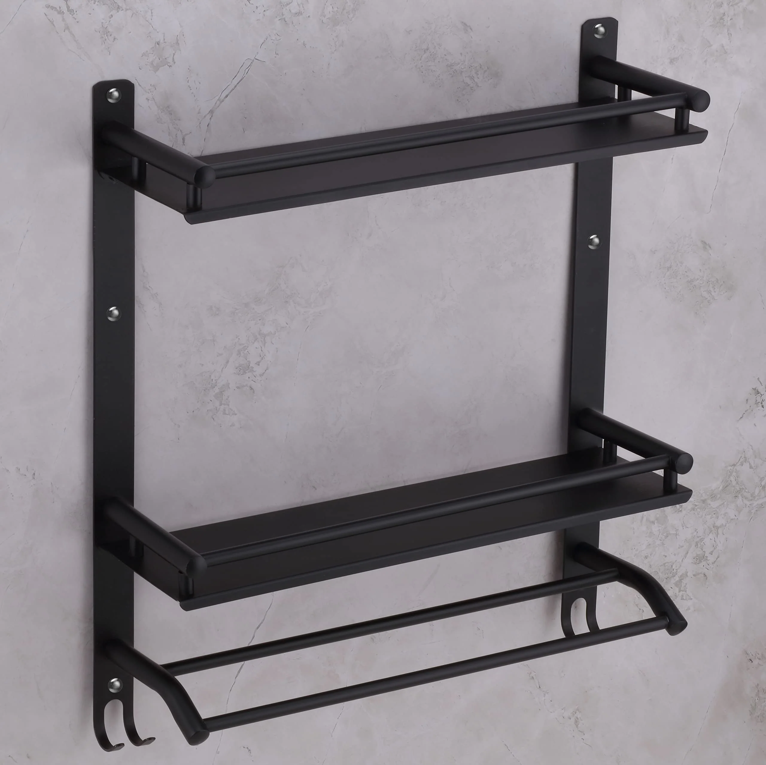 Plantex Stainless Steel Bathroom Shelf/Bathroom Organiser with Drill/Wall Mounted Rack with Hooks and Towel Hanger/Bathroom Accessories Set (3-Tier, Matt Black) - Image 6