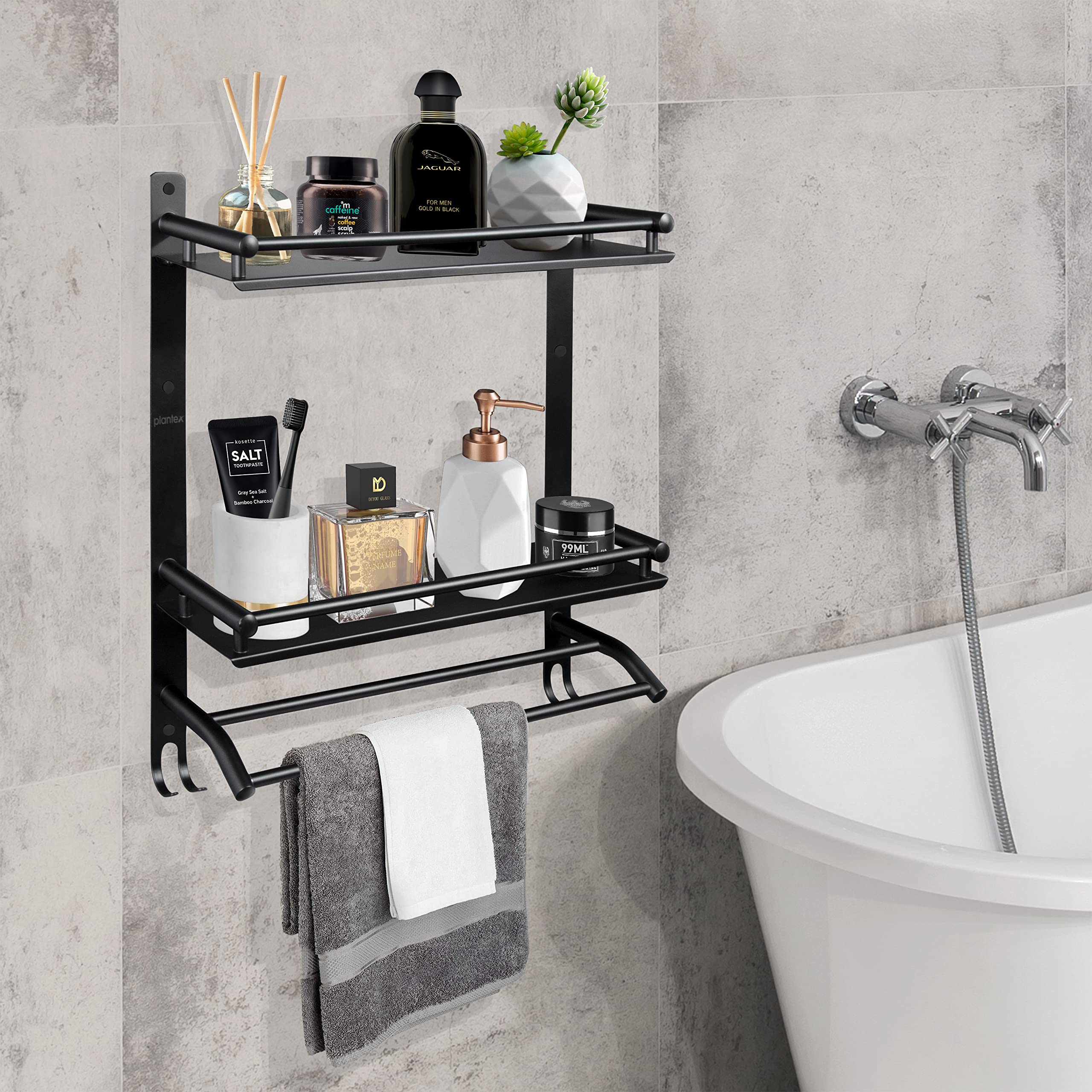 Plantex Stainless Steel Bathroom Shelf/Bathroom Organiser with Drill/Wall Mounted Rack with Hooks and Towel Hanger/Bathroom Accessories Set (3-Tier, Matt Black) - Image 7