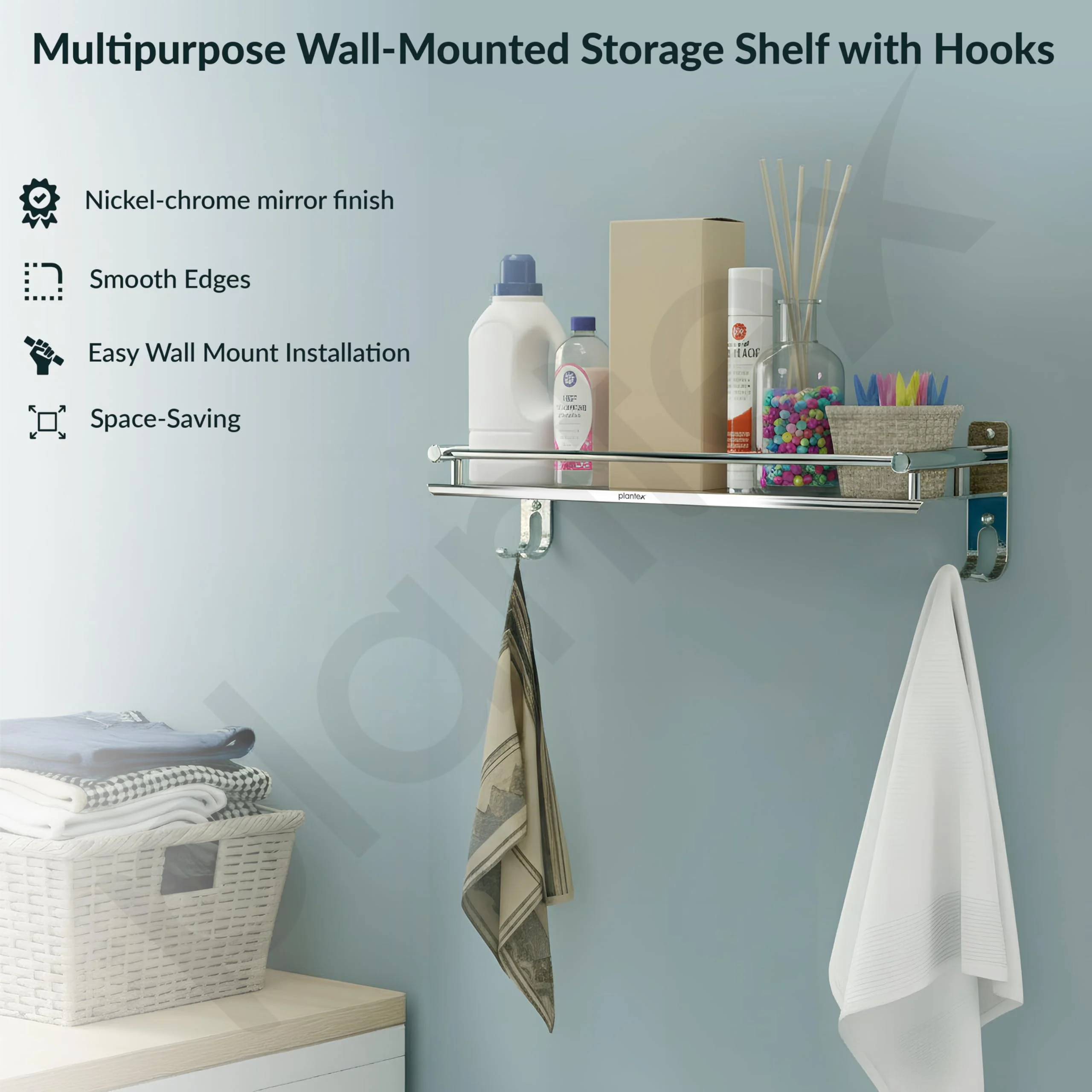 Plantex Stainless Steel Bathroom Shelf for Wall/Wall Mount Shelves & Racks for Bathroom Organizer with Hooks and Railings/Stand for Bathroom/Kitchen/Living Room(16x5 inch, Chrome) - Image 2