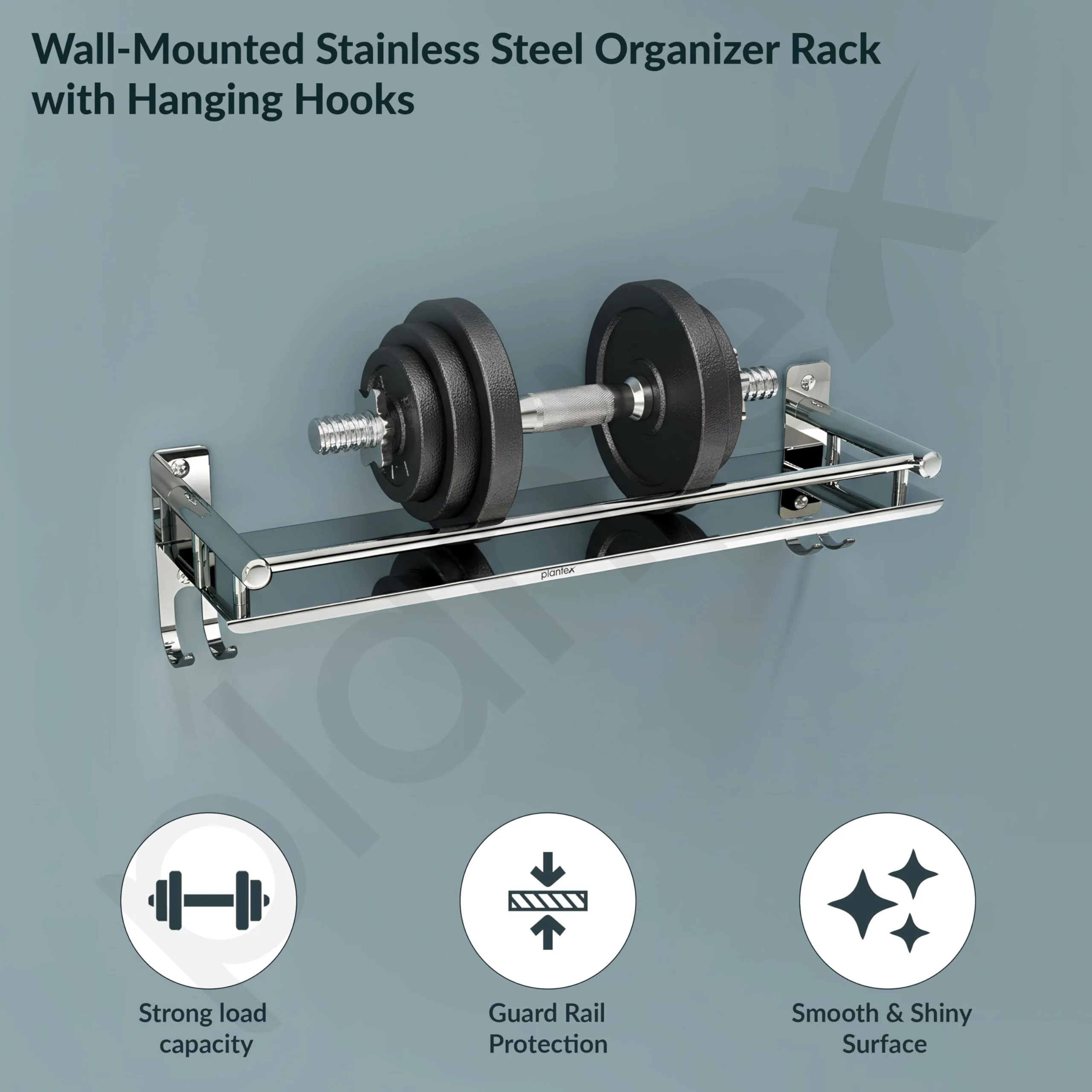 Plantex Stainless Steel Bathroom Shelf for Wall/Wall Mount Shelves & Racks for Bathroom Organizer with Hooks and Railings/Stand for Bathroom/Kitchen/Living Room(16x5 inch, Chrome) - Image 5