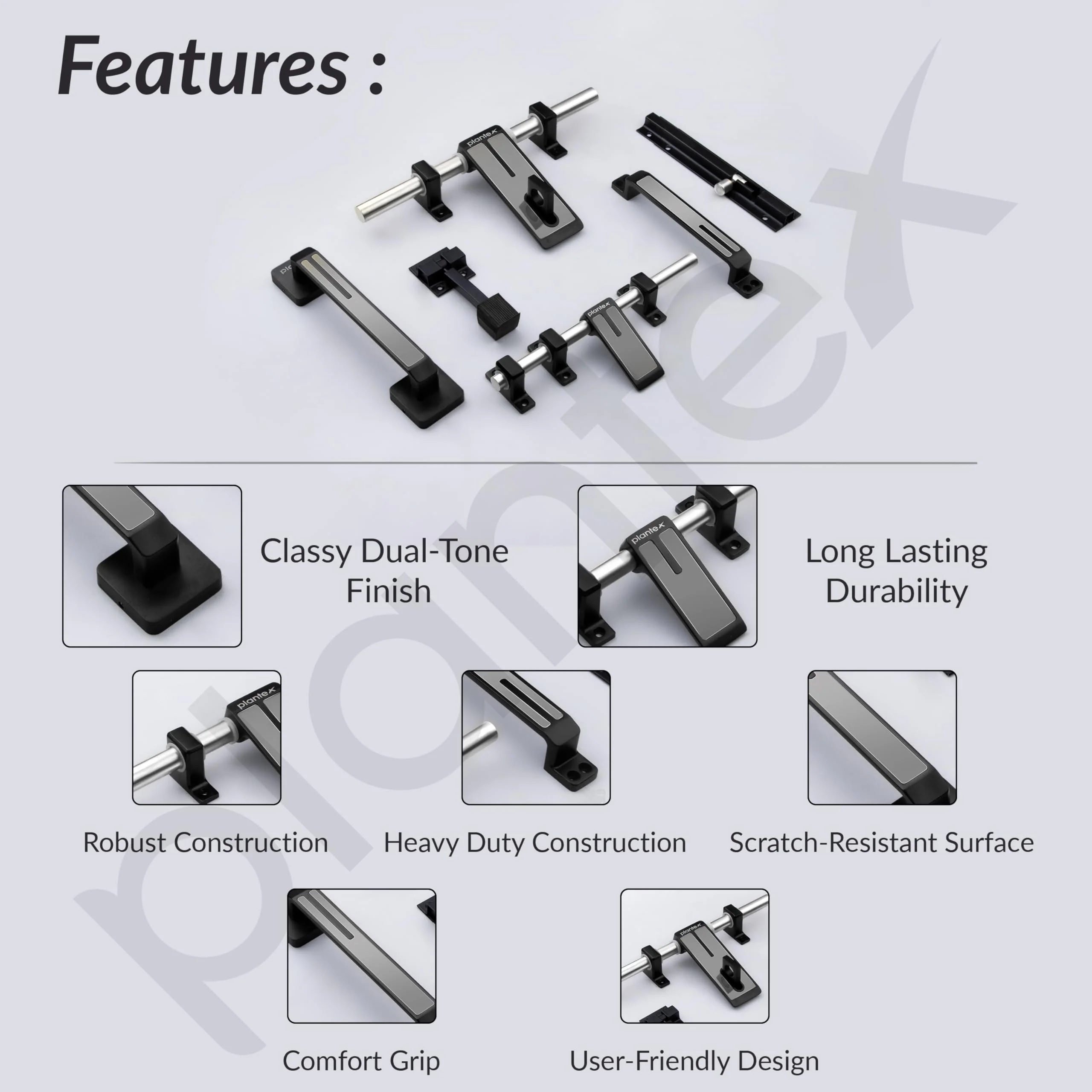 Plantex Stainless Steel Door Kit for Single Door/Door Accessories (10-inch Al-Drop,8-inch Latch,2 Handles,7-inch Tower Bolt and 4-inch Door Stopper-(Chrome & Z-Black) - Image 4