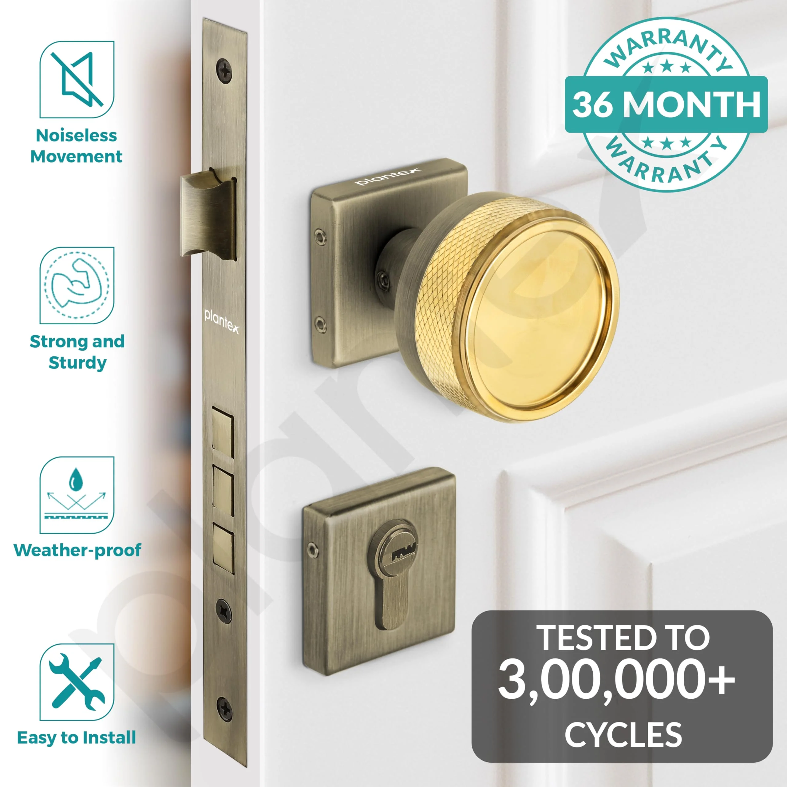 Plantex Stainless Steel Door Lock/Heavy Duty Main Door Knob Lock With 3 Keys/Mortise Door Lock For Home/Office/Hotel-(Pvd Gold&Ba) - Image 2