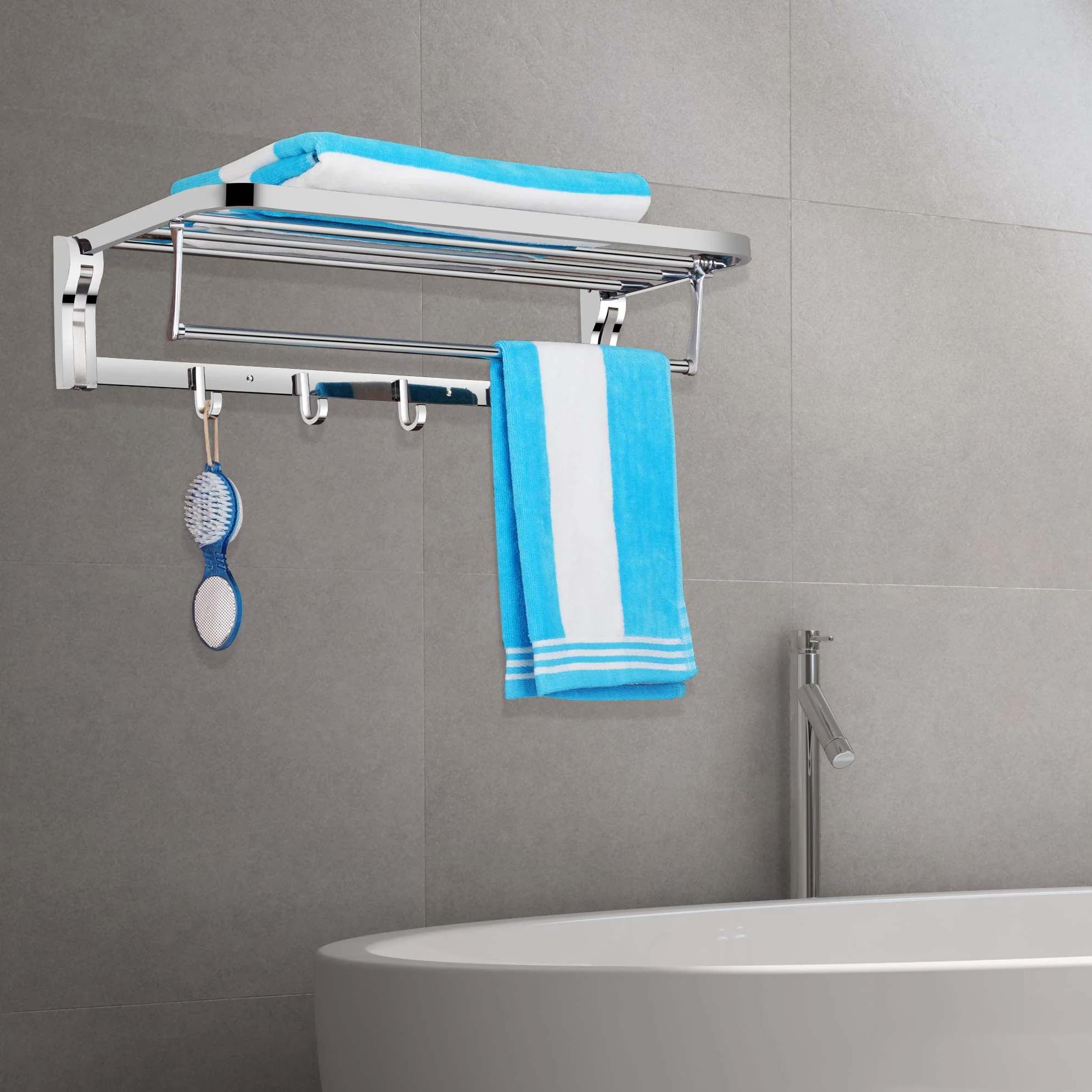 Plantex Stainless Steel Folding Towel Rack/Towel Rod with Hooks for Bathroom/Towel Stand/Towel Hanger/Bathroom Accessories (24-inch) Chrome - Image 5