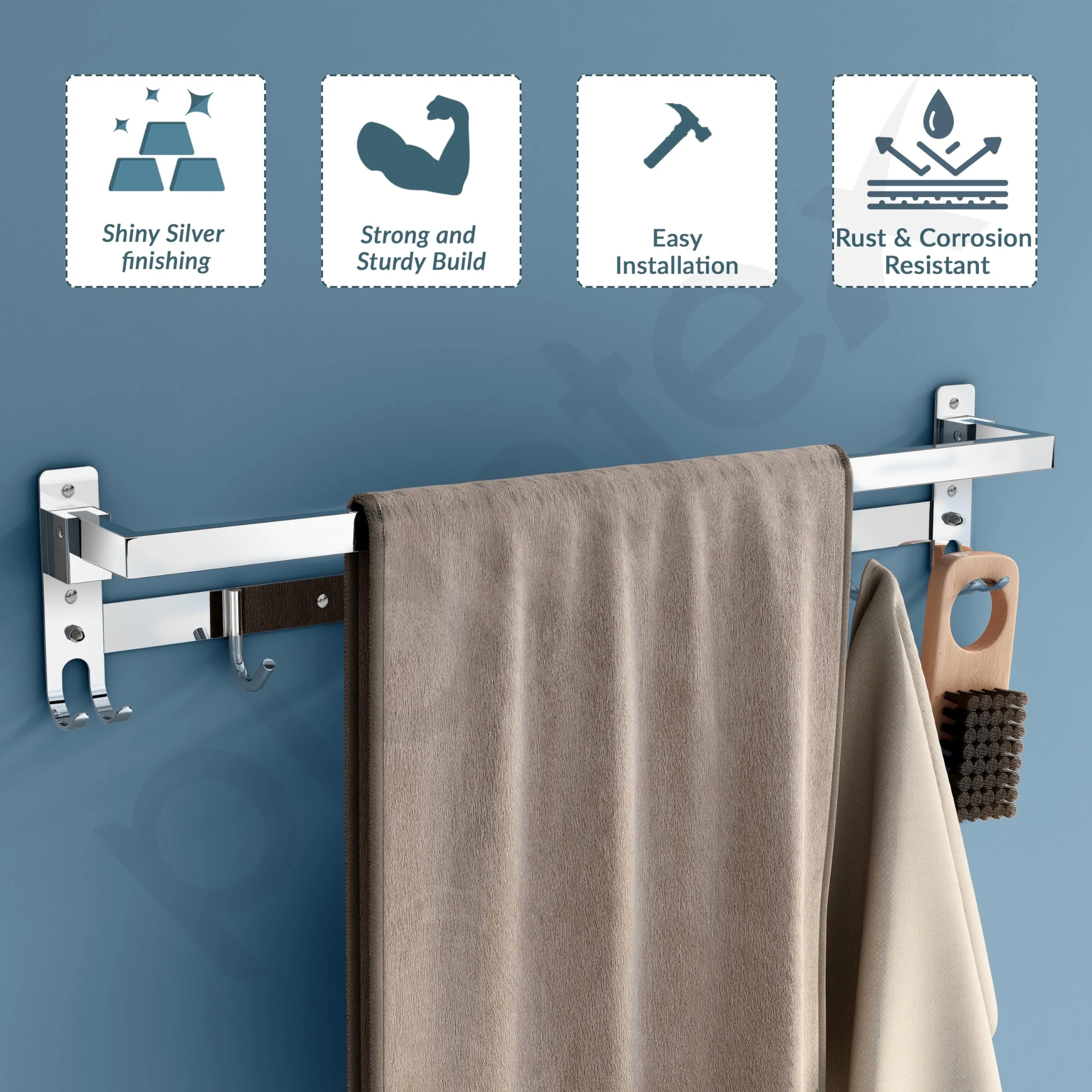 Plantex Stainless Steel Folding Towel Rod with Hooks/Towel Rack for Bathroom/24 Inch Towel Bar/Hanger/Stand/Bathroom Accessories - Pack of 1 (Chrome) - Image 2