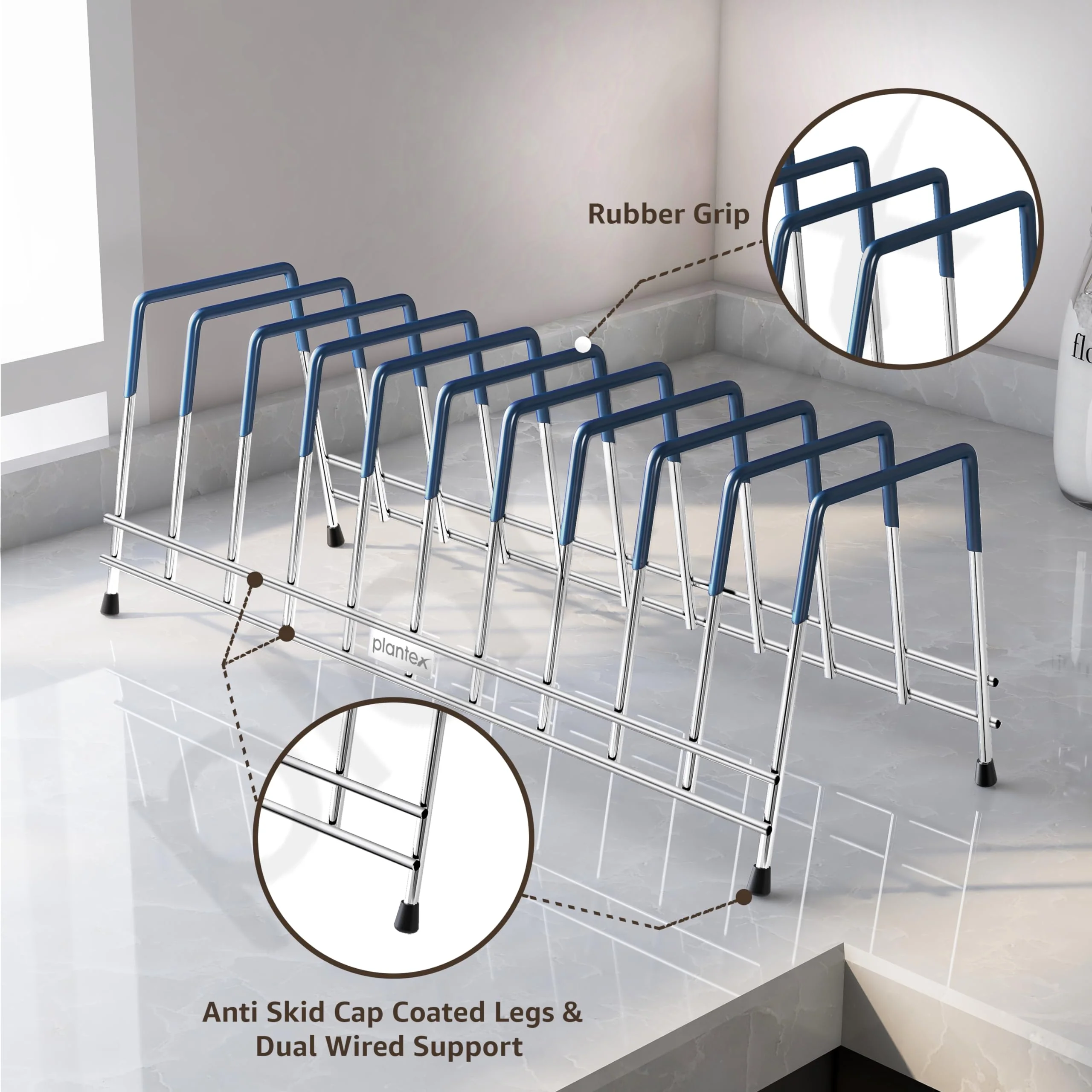 Plantex Stainless Steel Plate Organizer for kitchen/10 Slot Plate Stand for Kitchen Cabinet/Rubber-Gripped Dish Stand for Cabinet(Size-6inches, Slot- 10, Pack of 1) - Image 4